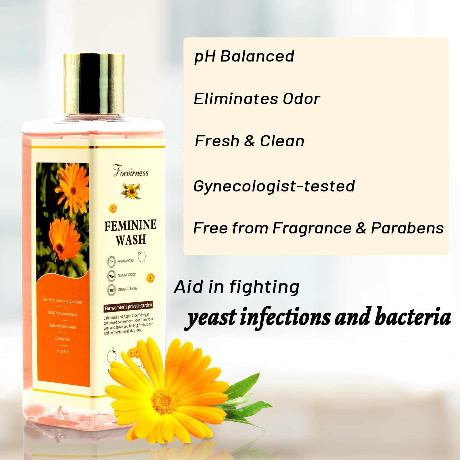 Organic Feminine Wash for Sensitive Skin | pH Balanced Intimate Cleanser with Calendula & Apple Cider Vinegar | Gynecologist Approved Vaginal Wash for Odor Control & Hygiene | 8.5 fl.oz | Perfect for Daily Use, Post-Workout & Travel
