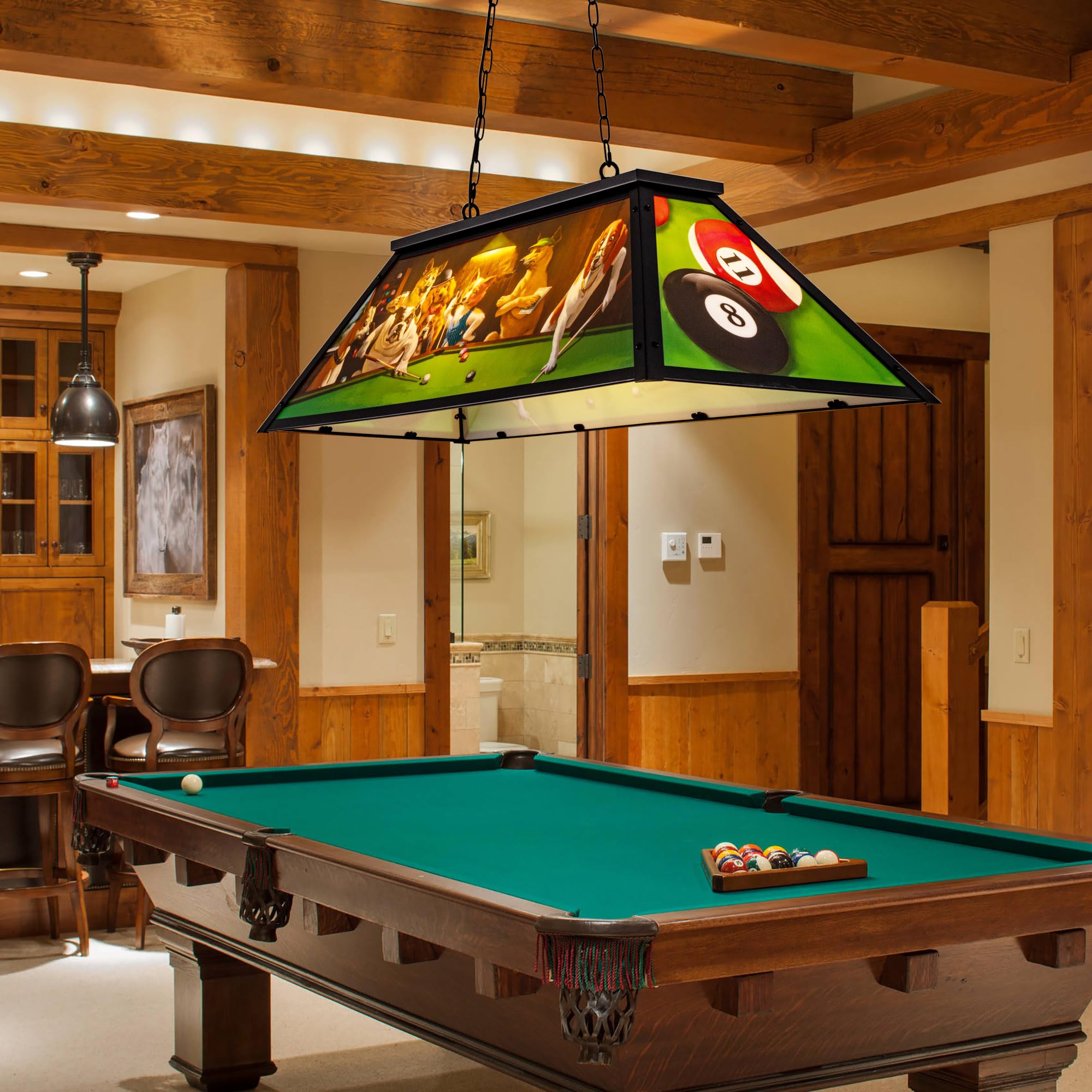 Wellmet Tiffany Style Pool Table Light Fixture - 3-Light Hanging Pendant Lamp for 7', 8', 9' Billiard Tables with Dogs Playing Billiards Design - Perfect for Game Rooms, Man Caves, Bars, and Dining Room Decor