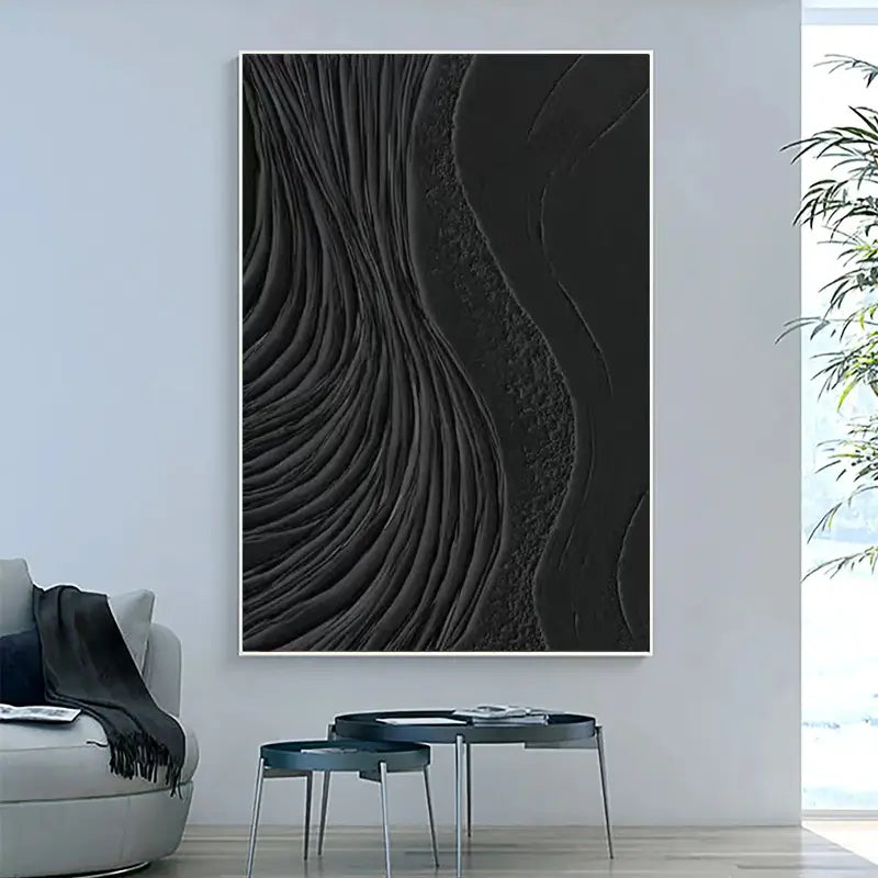 Black Minimalist Textured Painting Canvas - Modern Abstract Wall Art Decor for Living Room, Bedroom & Office | Premium Quality #MZ002