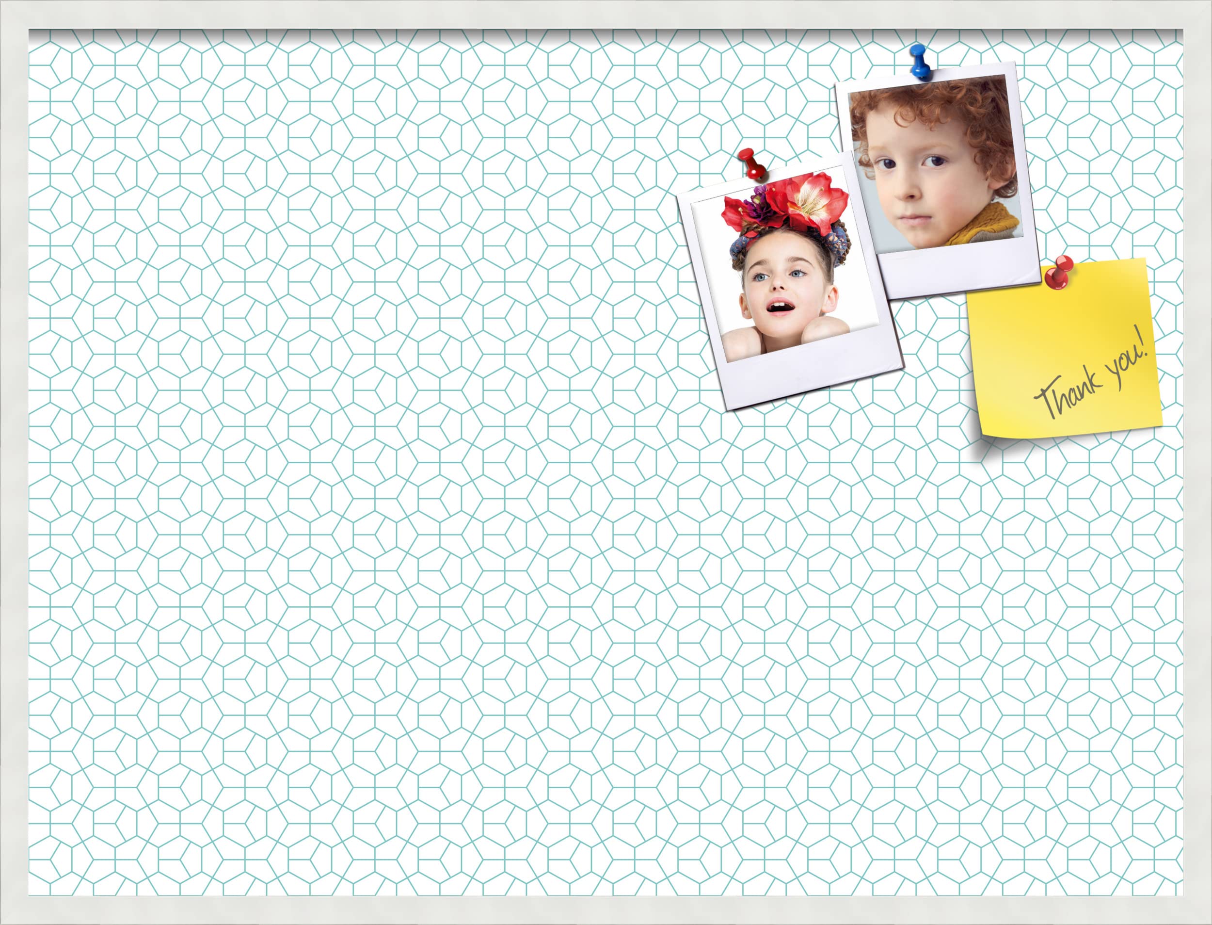 PinPix 40x30 Inch Cork Bulletin Board with Modern Hex Aqua Design & Satin White Frame - Decorative Wall Pin Board for Home Office School Classroom Decor - Perfect for Notes, Photos, Reminders & Vision Boards