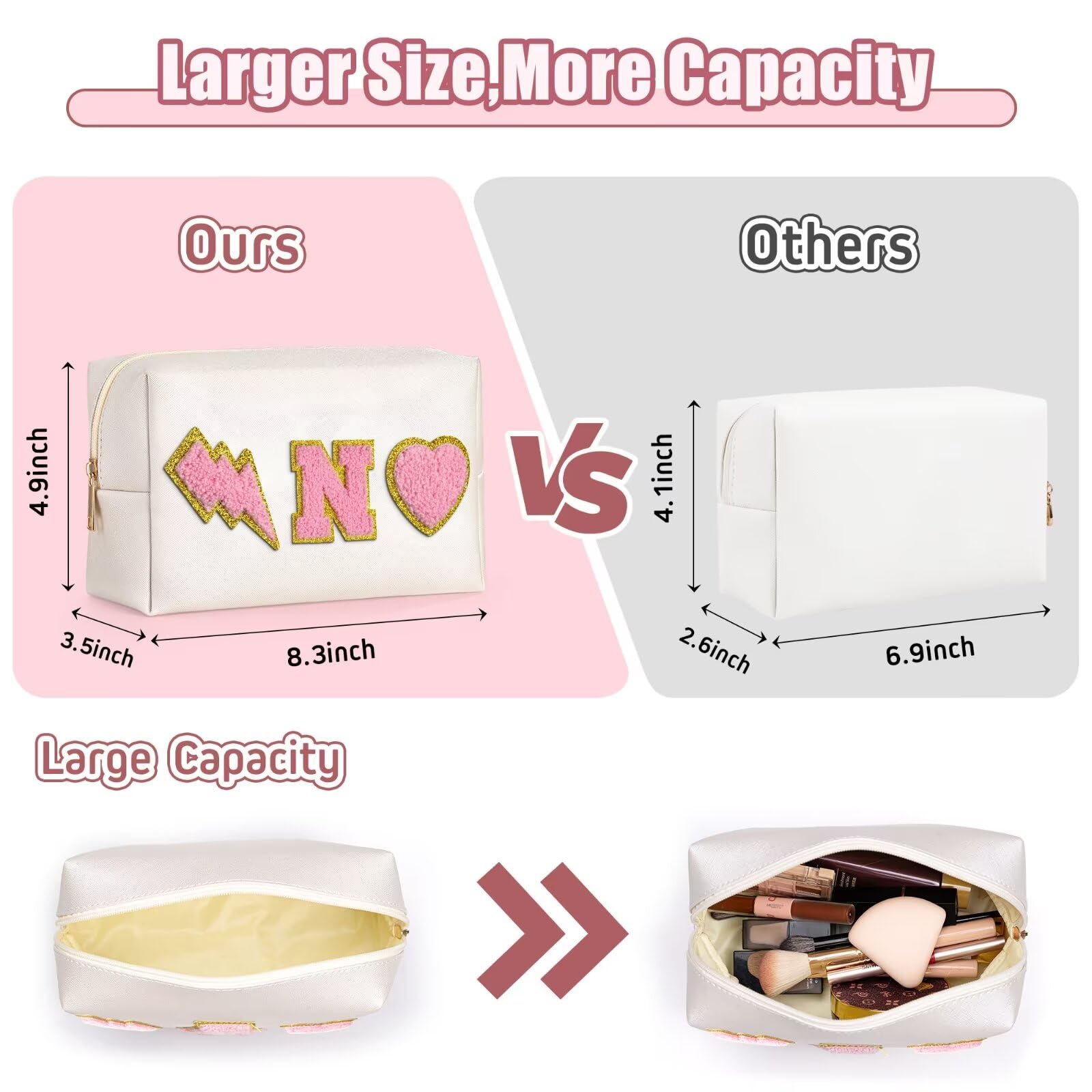 Personalized Initial Makeup Bag for Teen Girls - Cute Pink Cosmetic Pouch & Toiletry Organizer | Easter, Birthday Gift Idea for Daughter | Preppy Teen Accessories for School, Travel & Sleepovers