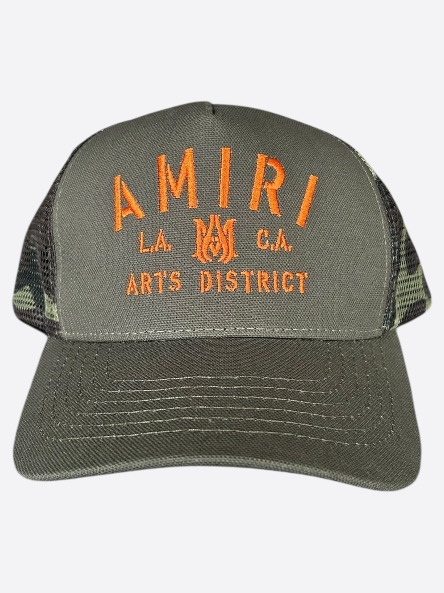 Amiri Camouflage & Orange Stencil Logo Trucker Hat - Stylish Streetwear Cap for Men, Fashionable Camo Design - Perfect for Urban Outfits, Music Festivals & Casual Wear