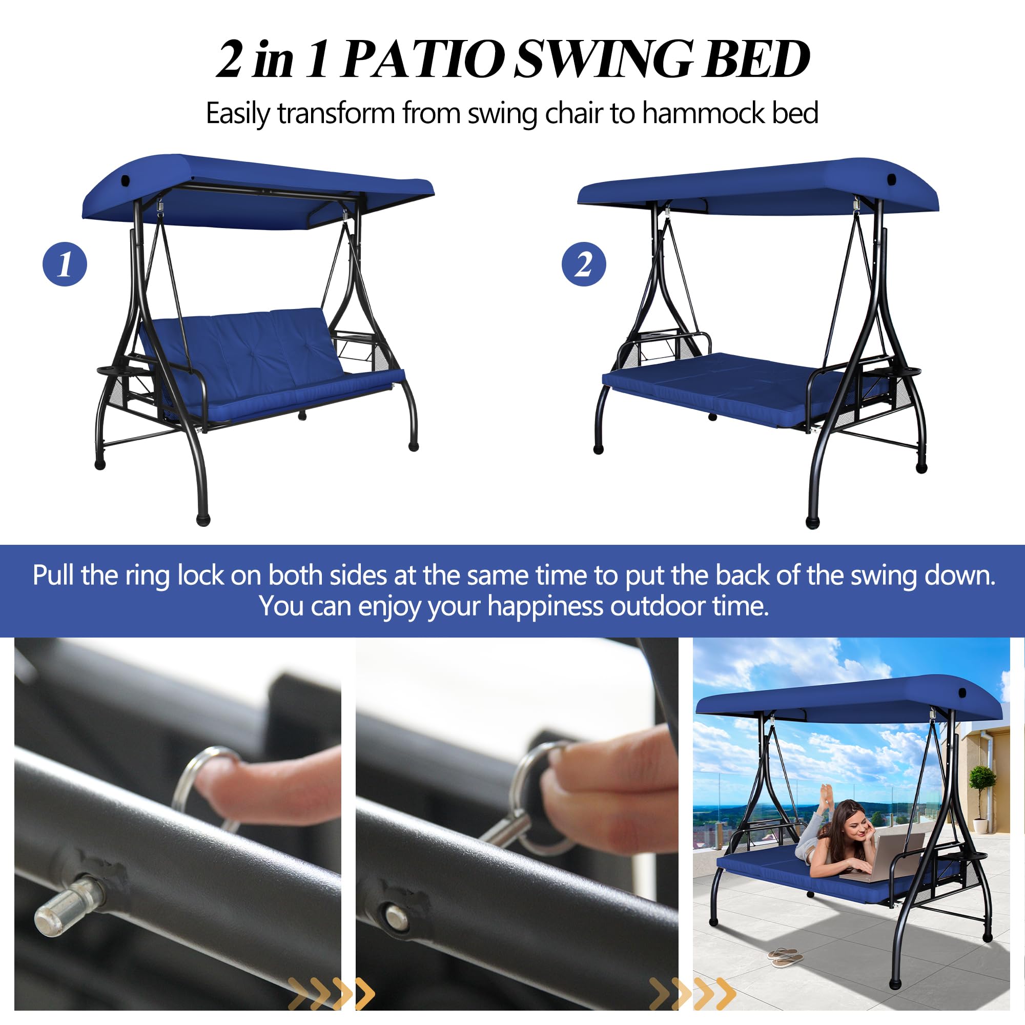 COVERONICS 3-Seat Outdoor Porch Swing with Convertible Canopy - Adjustable Shade & Removable Cushions - Navy Blue Patio Lounge Chair for Deck, Backyard, Poolside - Perfect for Relaxing, Sunbathing & Outdoor Entertaining