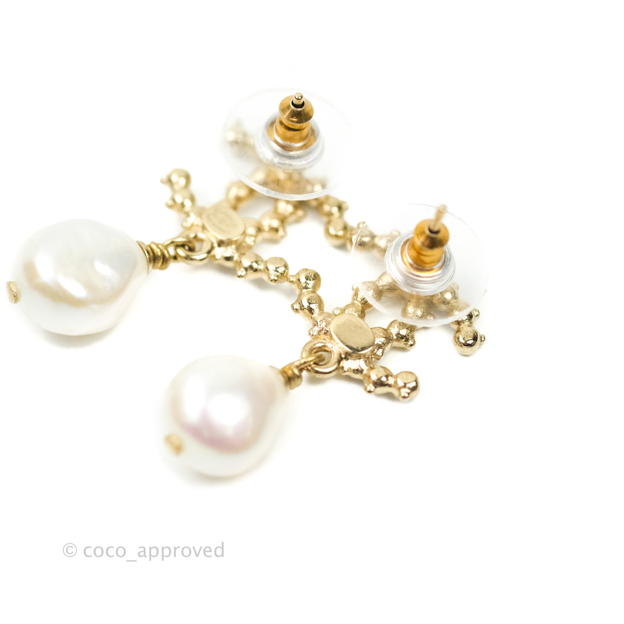 Chanel CC Pearl Drop Earrings with Crystal Accents in Gold Tone - Elegant Jewelry for Women | Perfect for Parties, Weddings & Special Occasions
