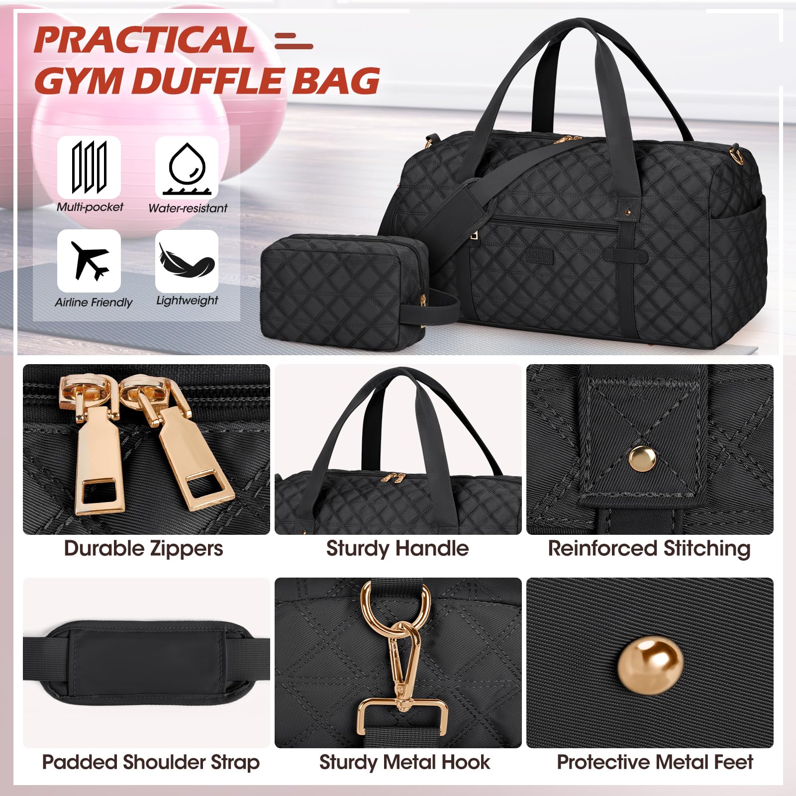 SDYSM Women's Waterproof Gym Bag with Shoe Compartment & Wet Pocket - Duffle Travel Bag for Sports, Yoga, Workout - Perfect for Gym, Travel & Weekend Getaways (Black)