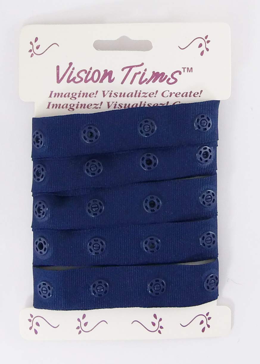 5 Yards Navy Blue Plastic Snap Button Polyester Tape Ribbon - Hook & Eye Fastener for Baby Clothes, Duvet Sewing, Renaissance Costumes & Lingerie - Strong Press Studs for DIY Crafts, Dance Costumes and Home Decor Projects