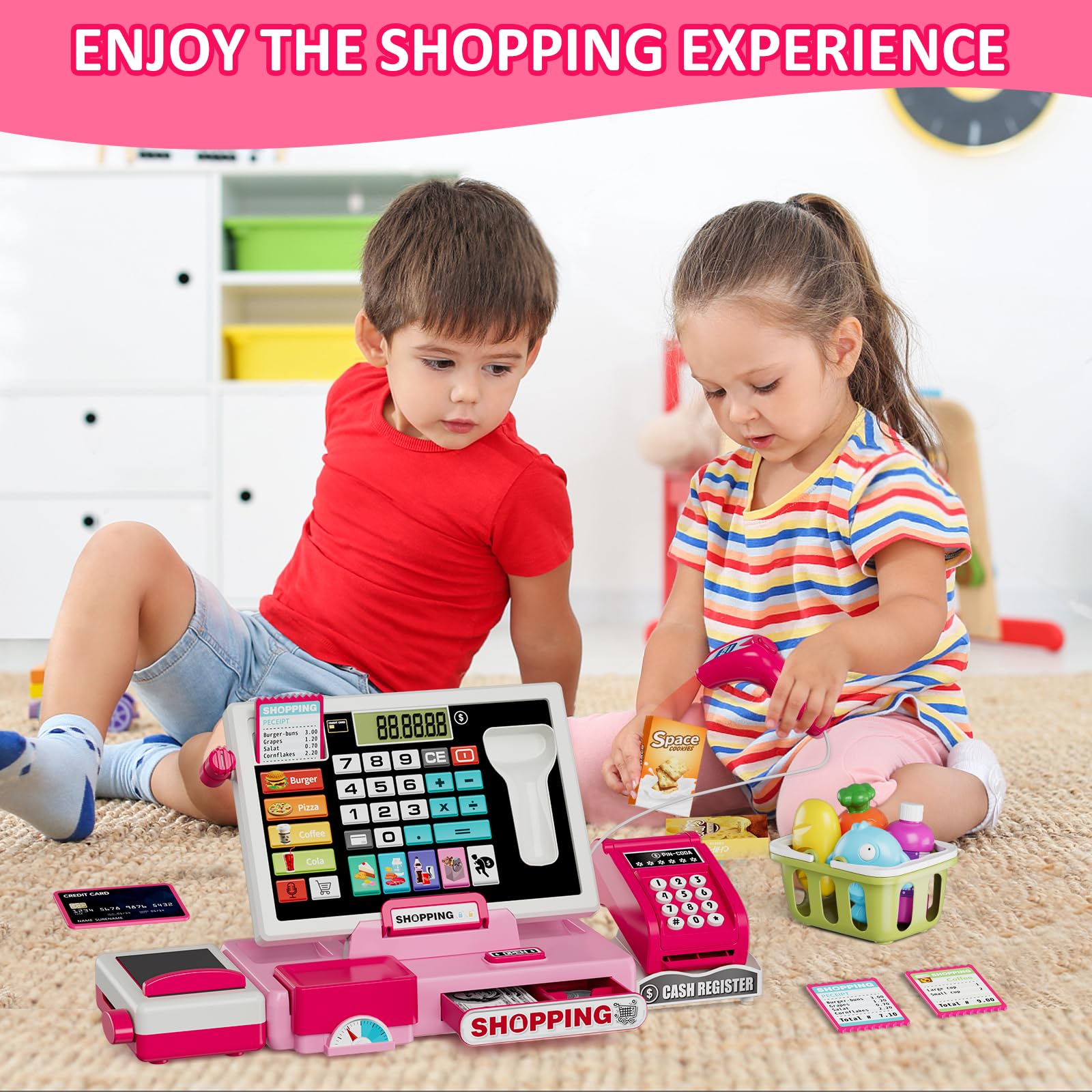 Kids Pretend Play Cash Register Toy with Realistic Calculator, Scanner, Credit Cards & Play Money - Educational Role Play Toy for Toddlers & Preschoolers - Perfect for Birthday Gifts & Classroom Learning (Pink)