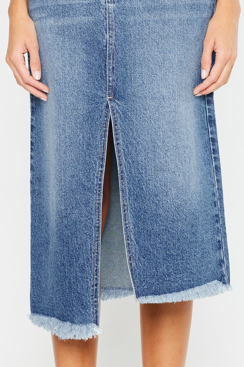 Indigo High Rise Midi Skirt for Women - Stretchy A-Line Denim Skirt with Pockets | Perfect for Casual Outfits, Office Wear & Date Nights