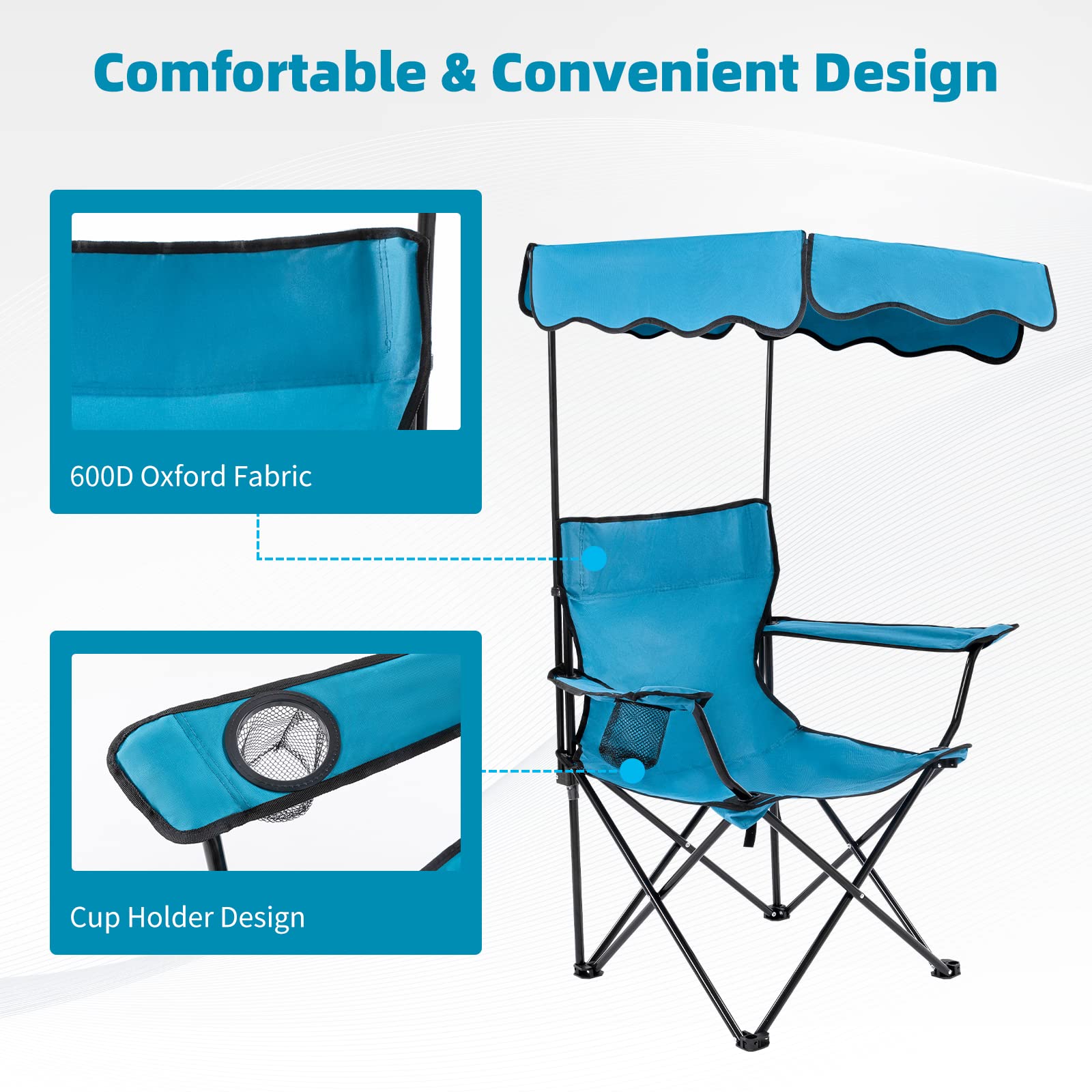 Homcosan Heavy Duty Folding Camping Chair with Canopy Shade - 600D Oxford Fabric Beach Chair with Cup Holder - Supports 330lbs - Portable Outdoor Chair for Camping, Beach, Picnics, Backyard & Tailgating