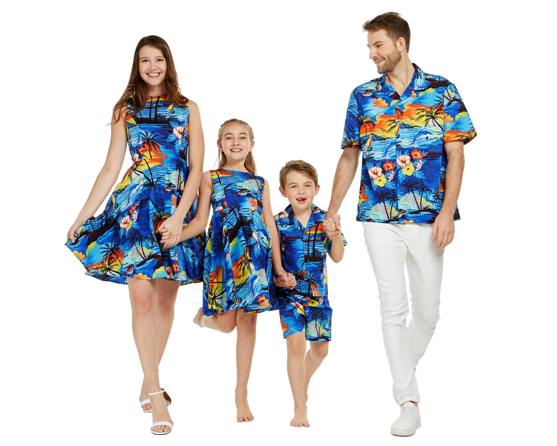 Hawaiian Luau Outfits for Family - Matching Sunset Blue Aloha Shirts & Dresses for Men, Women, Boys & Girls | Perfect for Beach Parties, Summer Vacations & Tropical Themed Events