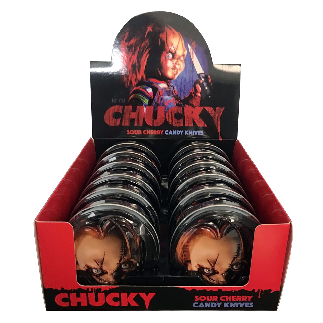 Boston America Child's Play Chucky Sour Cherry Candy Knives - 12 Count Display Box | Novelty Halloween Candy for Trick-or-Treating, Movie Themed Parties & Horror Fans