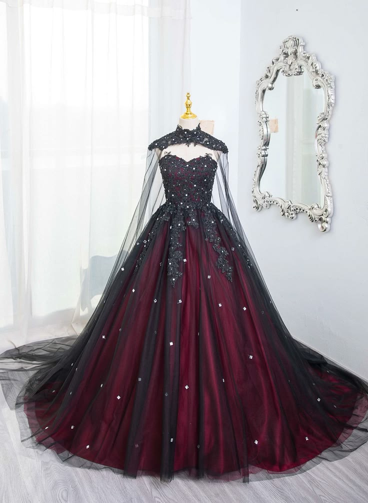Elegant Black and Red Tulle Ball Gown for Sweet 16 | Princess Prom Dress with Detachable Cape J4663 | Perfect for Quinceañera, Homecoming, and Formal Dances