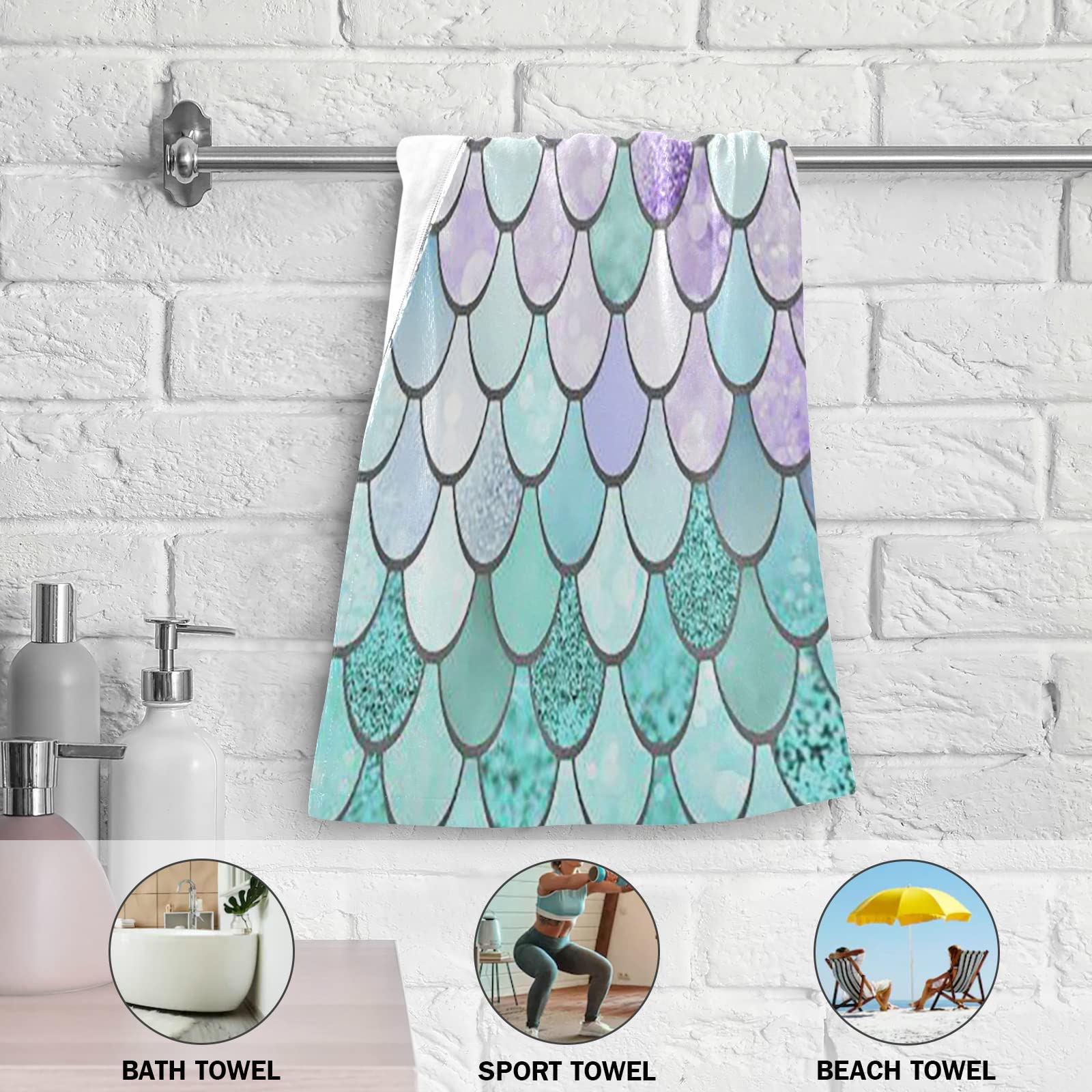 Wamika Mermaid Scale Bath Towel Set - Super Absorbent Hand & Dish Towels (2 Pack, Pink & Turquoise) for Kitchen, Bathroom & Beach Use