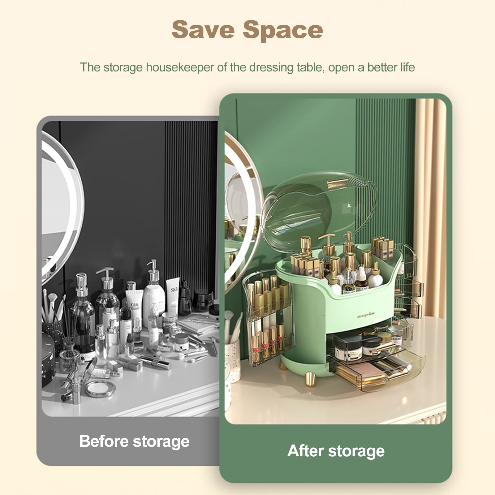 Galatée Large Capacity Makeup Organizer Box - Multifunctional Cosmetic Storage for Powder, Jewelry & Lipstick - Travel-Friendly Green Makeup Case | Perfect for Vanity, Travel & Home Organization