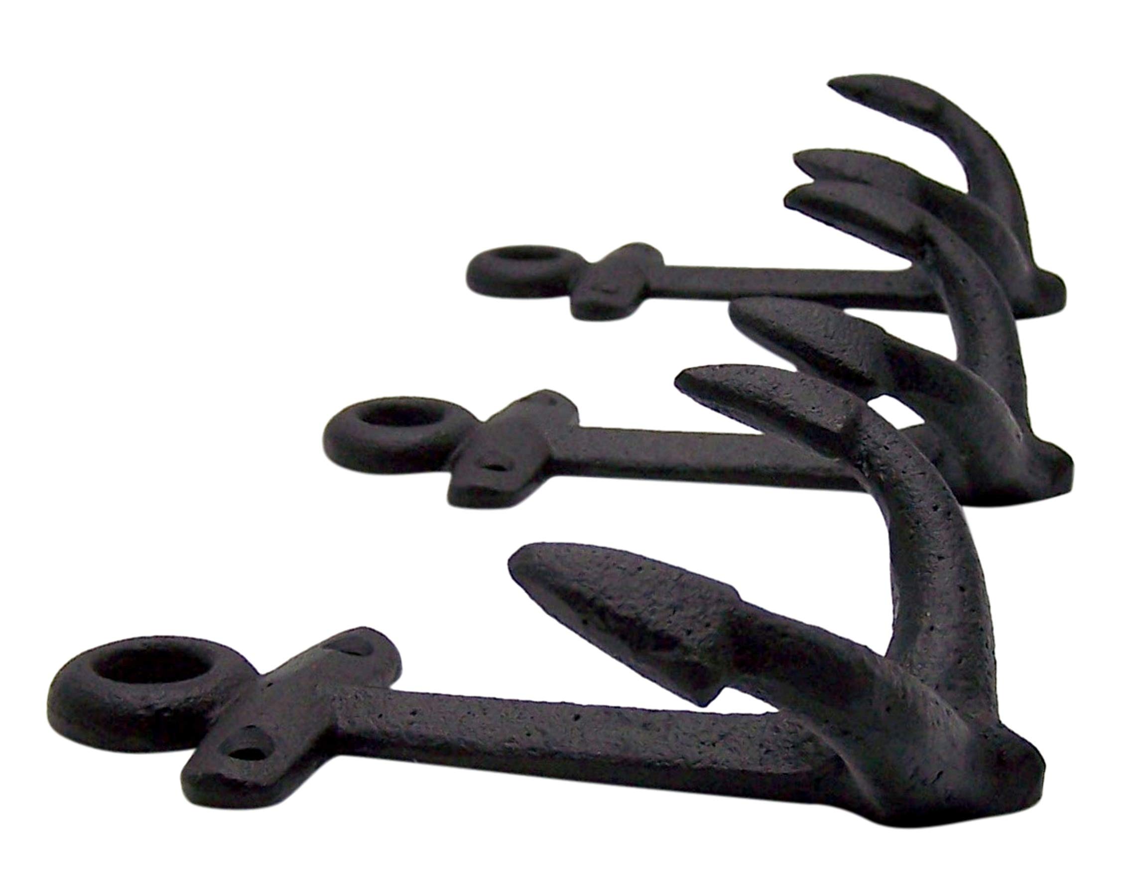 Nautical Cast Iron Ship Anchor Wall Hooks - Set of 3 (6 Inch, Black) - Perfect for Beach House Decor, Boat Accessories & Coastal Themed Home Decor