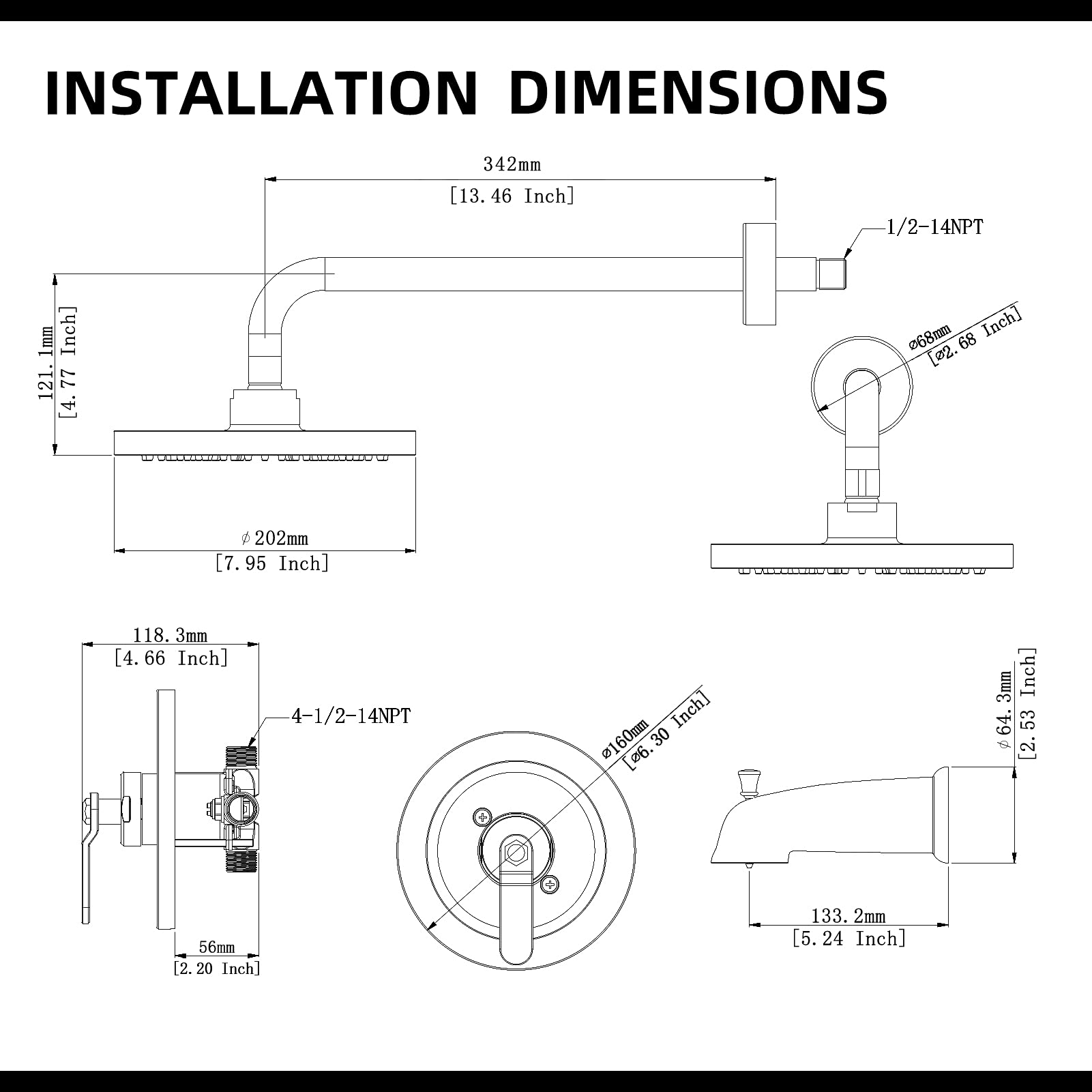 NEWATER Black Dual Function Shower Faucet Set with Tub Spout - Complete Shower Trim Kit (Includes Valve, 8 Inch Rainfall Shower Head) - Wall Mounted Mixer Shower System for Bathroom & Tub - Perfect for Modern Home Renovation & Spa-Like Shower Experience