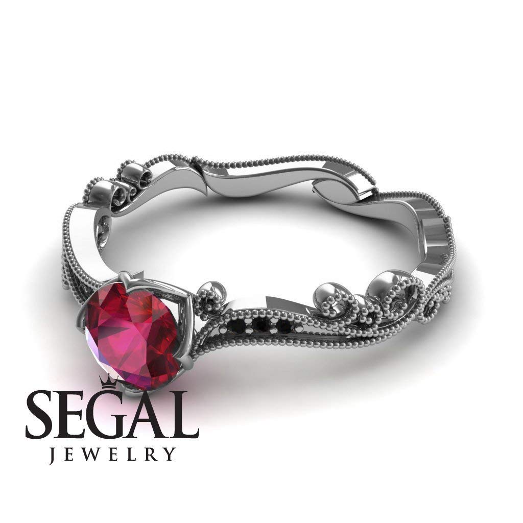 14K White Gold Victorian Ruby Ring with Black Diamond for Engagement