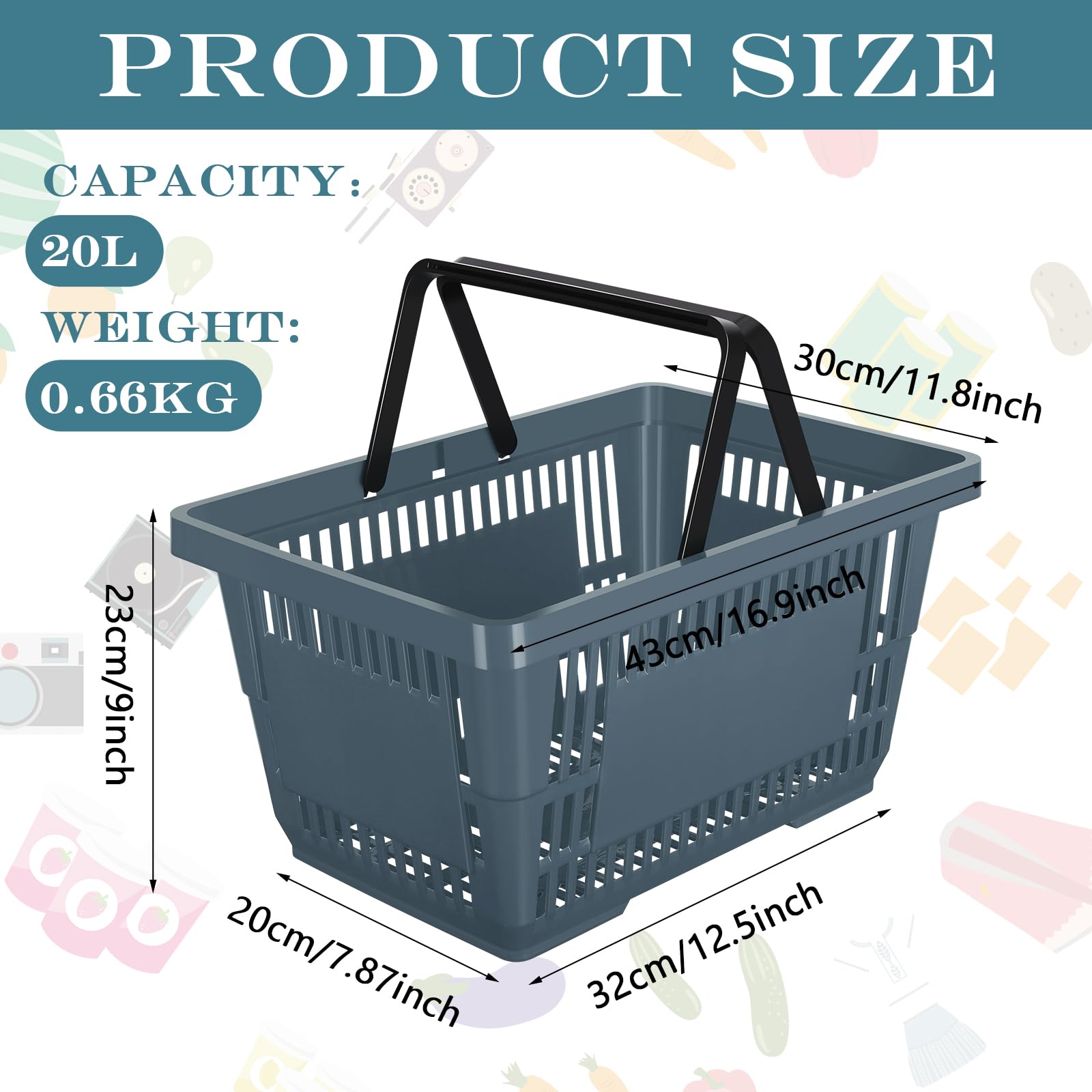 Macarrie 20-Pack Plastic Grocery Baskets with Handles - 16.9 x 11.8 x 9 Inch Bulk Shopping Baskets for Retail Stores, Supermarkets & Home Organization (Dark Gray) - Perfect for Grocery Shopping, Retail Displays & Pantry Storage