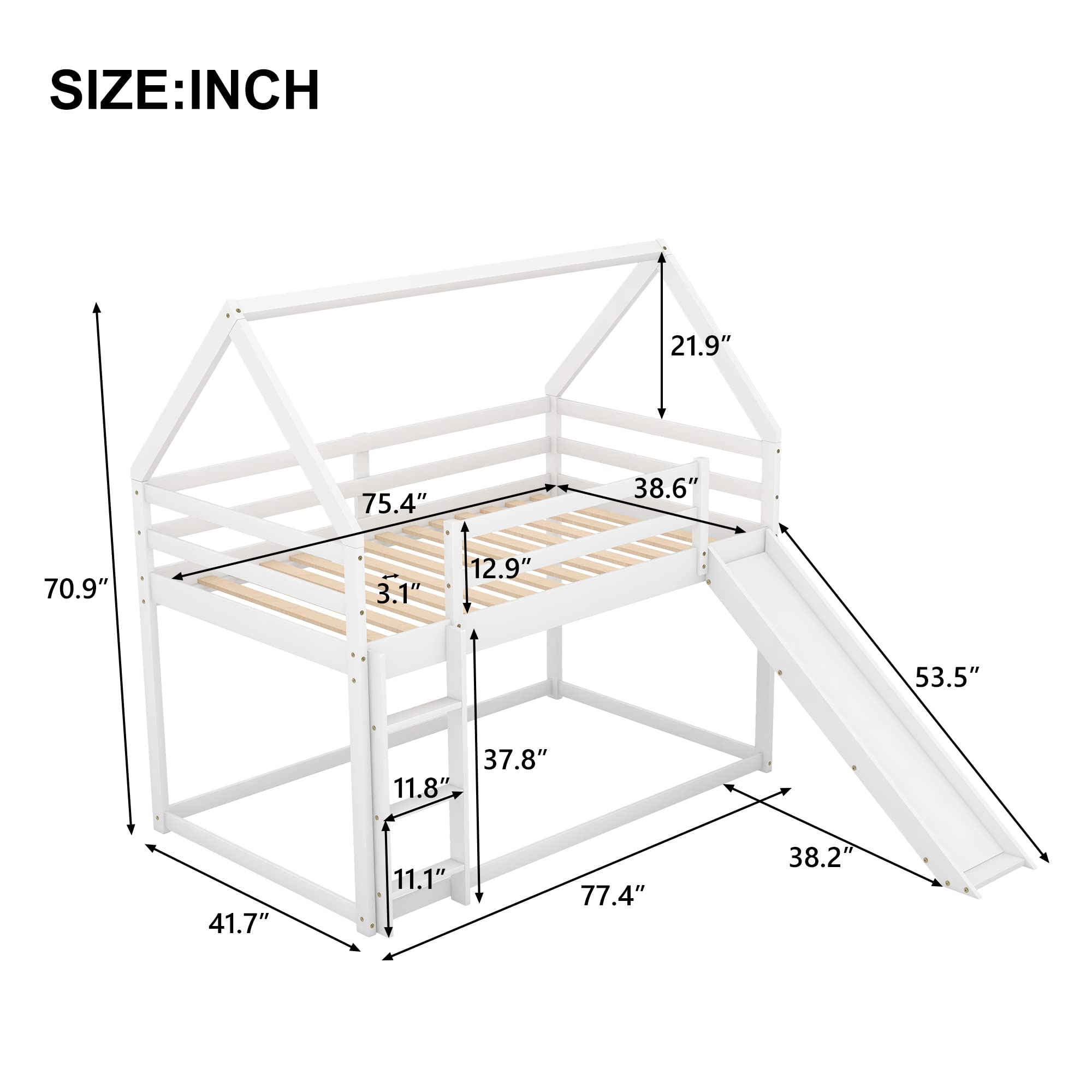 White Twin Over Twin Wooden Bunk Bed with Slide - Kids & Teens House Bunk Bed Frame - Safe Floor Toddler Bunk Bed for Boys & Girls - Perfect for Bedrooms, Playrooms & Small Spaces