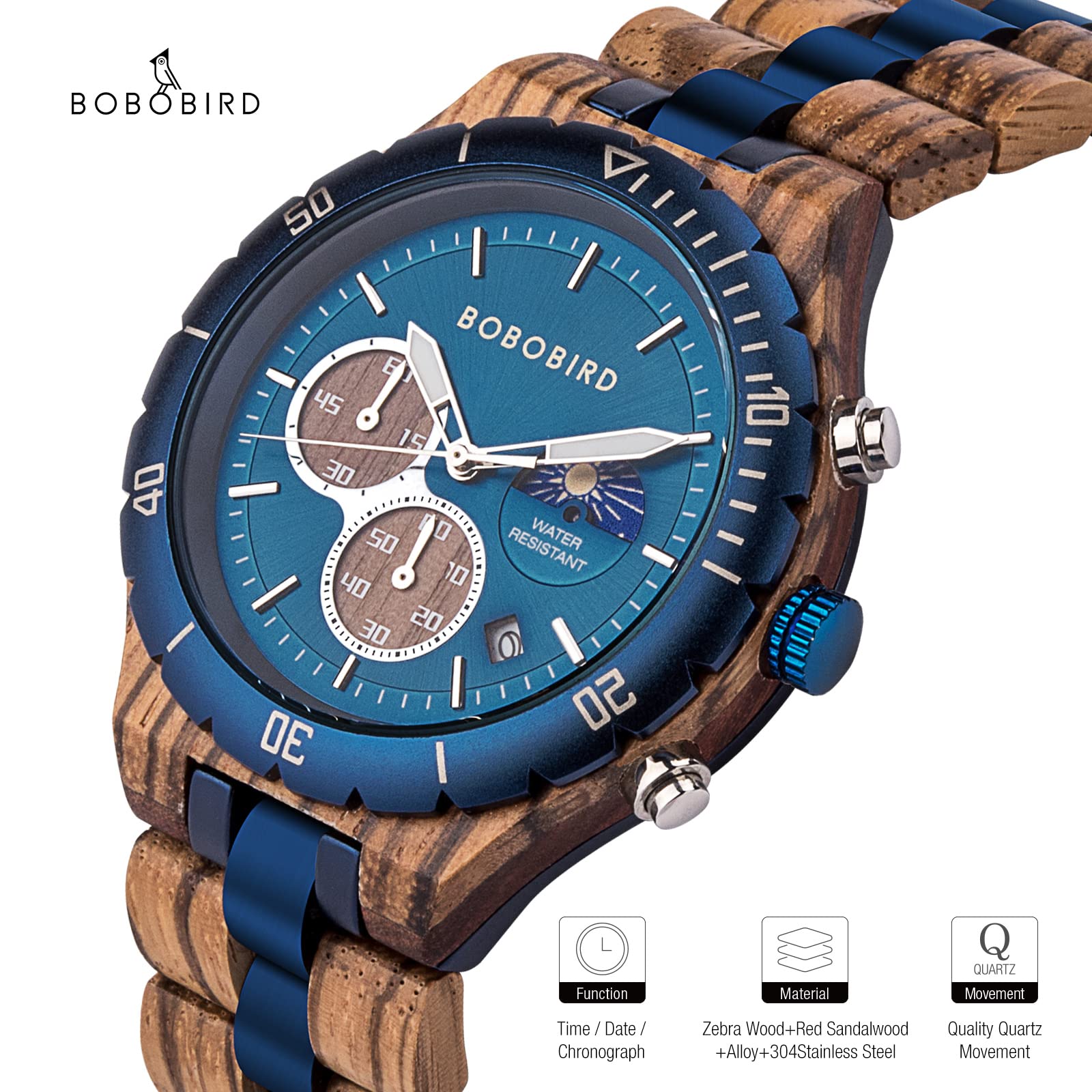 BOBO BIRD Men's Wooden Quartz Watch - Stainless Steel & Red Sandalwood Alloy Wooden Wristwatch with Chronograph, Luminous Hands, Day/Night Date Display | Classic Style Watch for Men | Perfect for Business, Casual Wear & Outdoor Activities