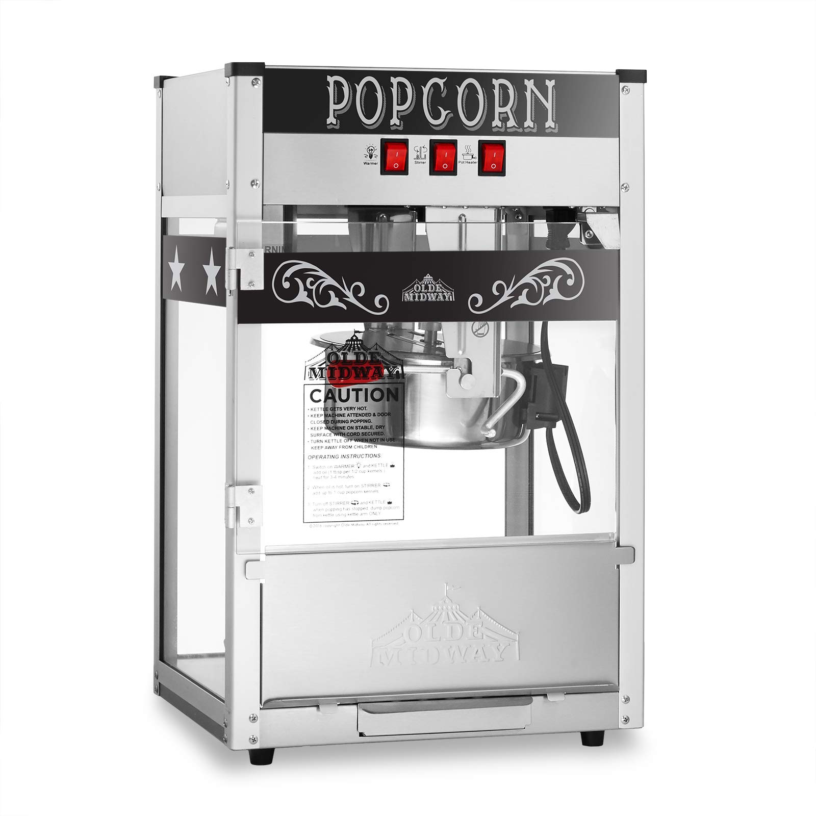 Olde Midway Commercial Popcorn Machine - 8-Ounce Stainless Steel Kettle - Professional Popcorn Popper for Movie Theaters, Carnivals & Home Theater Snacks - Black
