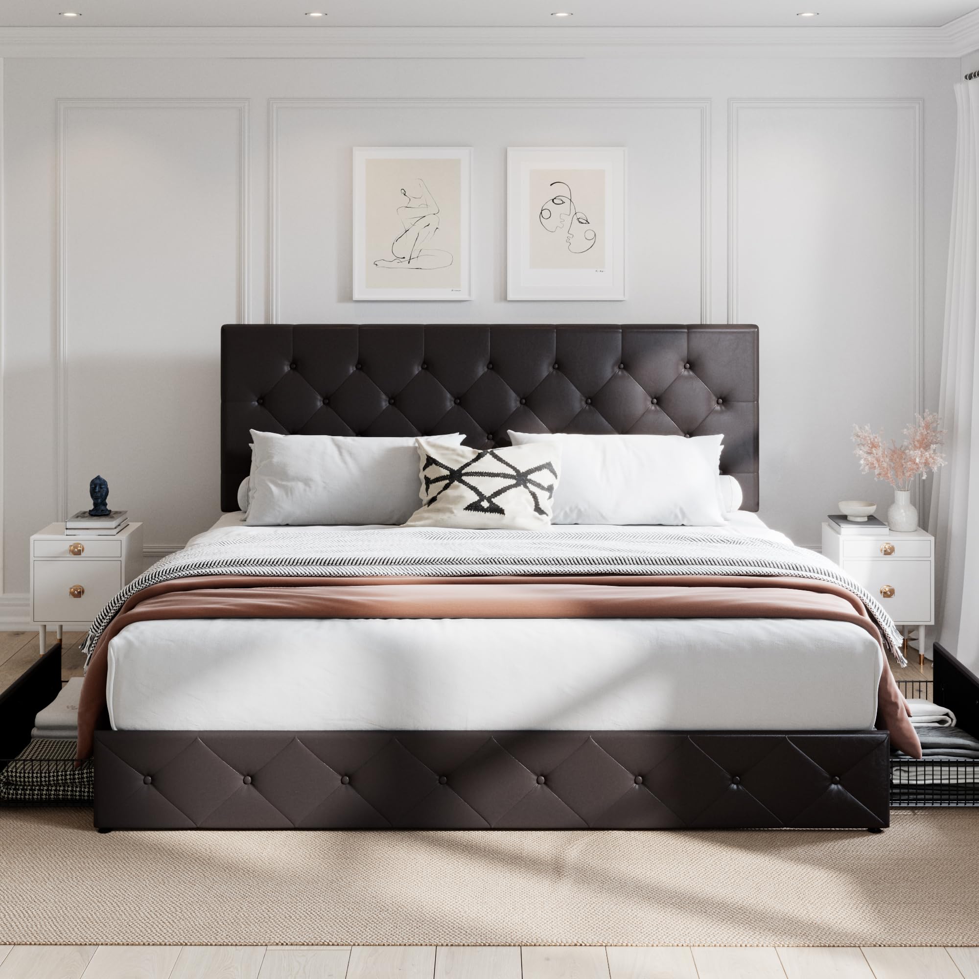 SHA CERLIN Upholstered King Size Platform Bed Frame with 4 Storage Drawers - Adjustable Diamond Stitched Headboard, Wooden Slat Support, No Box Spring Needed (Black Brown) - Perfect for Master Bedroom, Guest Room & Small Space Storage Solutions