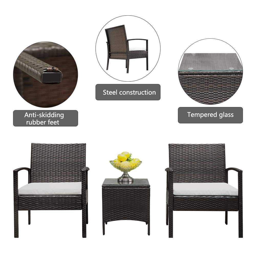 3-Piece Wicker Patio Furniture Set - PE Rattan Outdoor Conversation Set with Glass Table & Cushions for Patio, Balcony, Porch (Brown Gradient & White) - Perfect for Backyard Relaxation, Garden Parties & Outdoor Entertaining