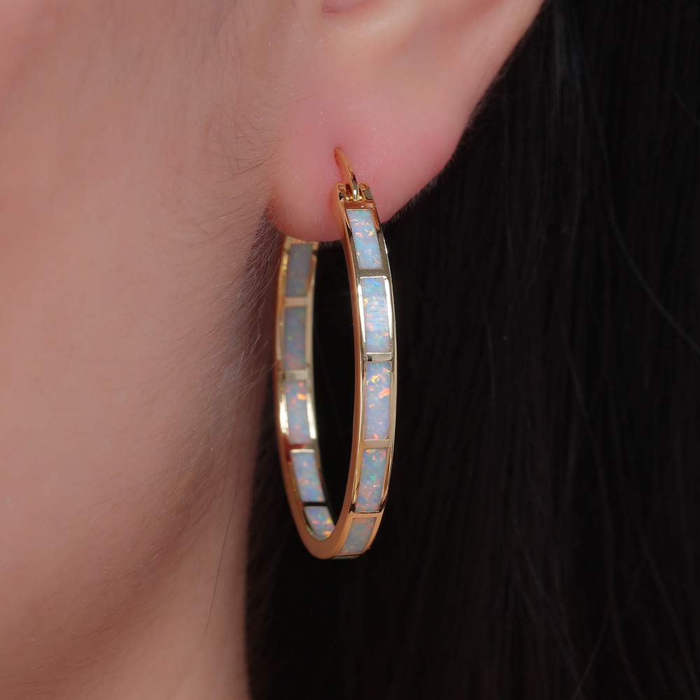 CiNily Opal Hoop Earrings for Women - 32mm Rhodium Plated/Rose Gold/Yellow Gold Gemstone Statement Earrings | Perfect for Parties, Weddings & Everyday Elegance