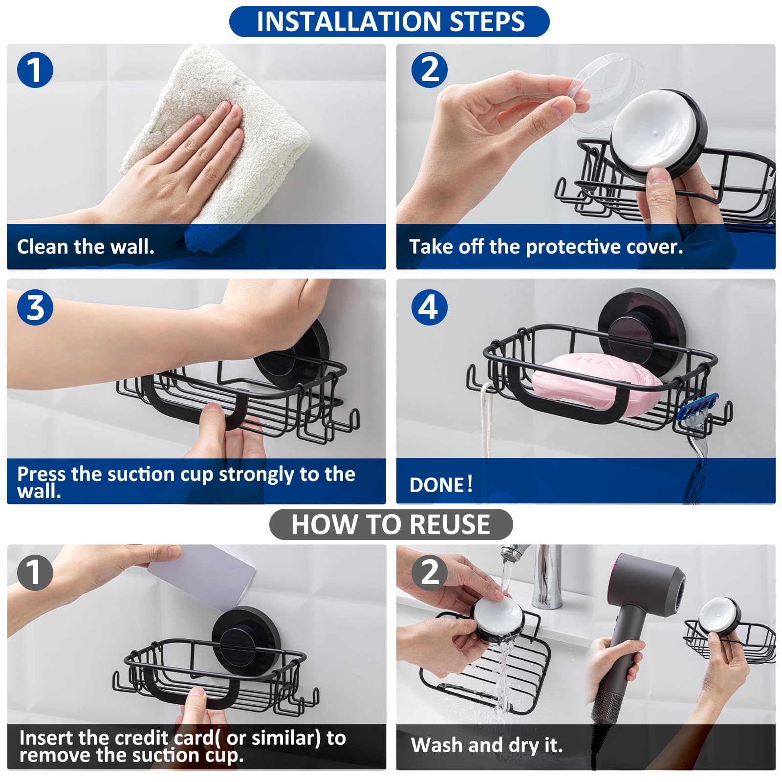 Stainless Steel Soap Dish with Suction Cup & 4 Hooks - Rustproof Bar Soap Holder & Sponge Tray for Shower, Bathroom, Kitchen - No Drill Installation, Black - Perfect for Organizing Bath Essentials & Keeping Countertops Dry