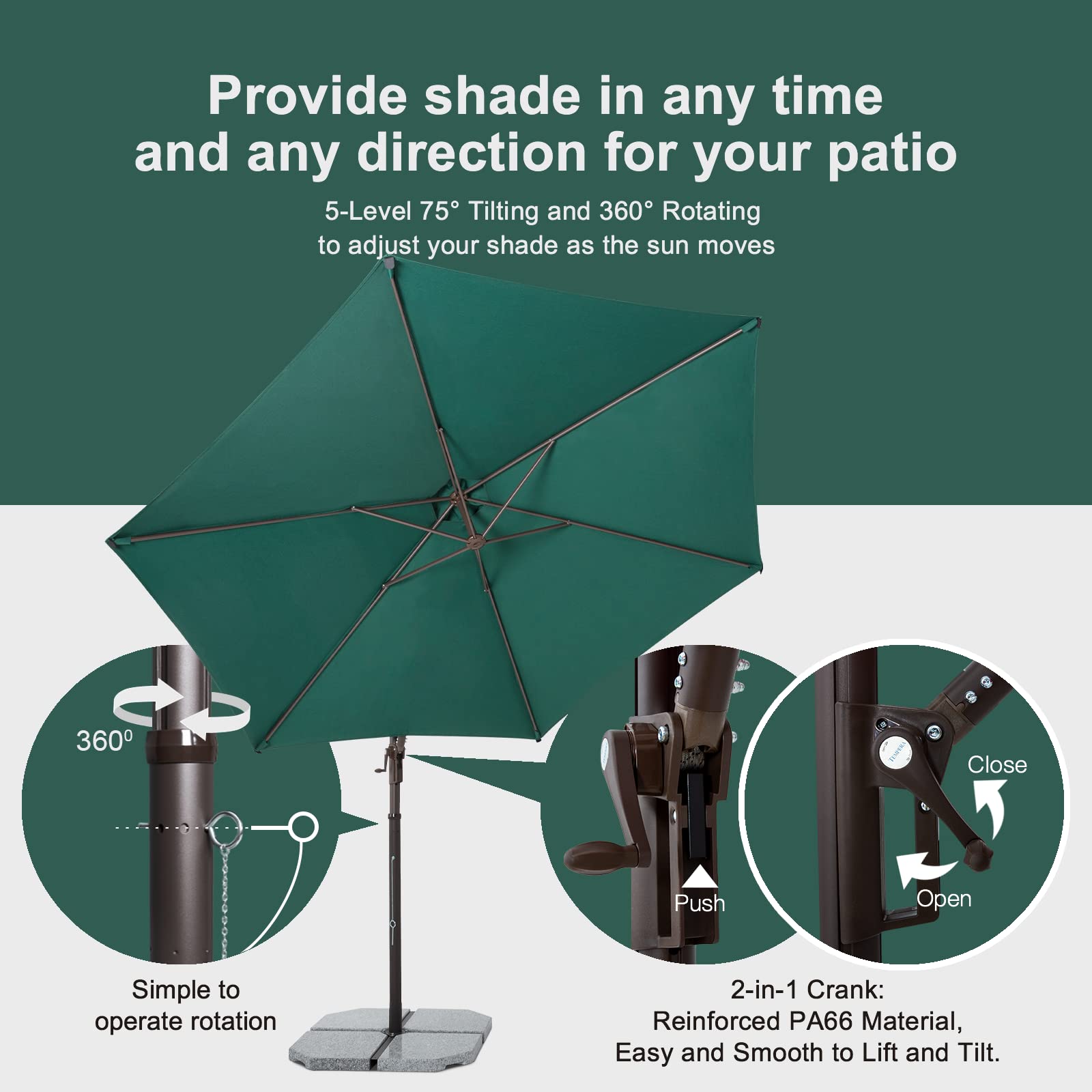 Premium Cantilever Patio Umbrella with Aluminum Stand - 3-Year Fade-Resistant Olefin Canopy, 360° Rotation & Adjustable Tilt - Perfect for Poolside, Deck, Garden, and Outdoor Dining Areas