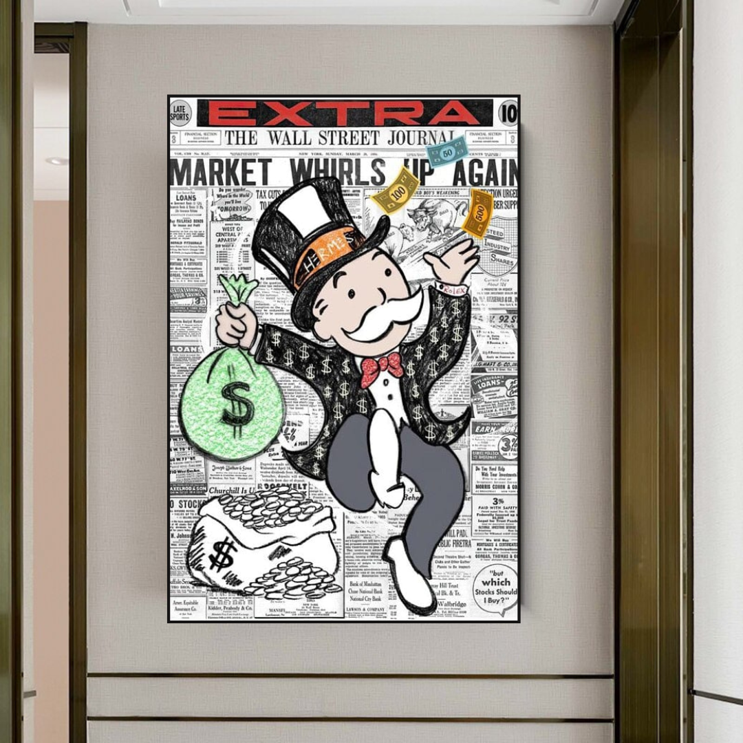 Alec Monopoly Money Bag Newspaper Print Canvas Wall Art - Modern Pop Art Decor for Living Room, Bedroom & Office
