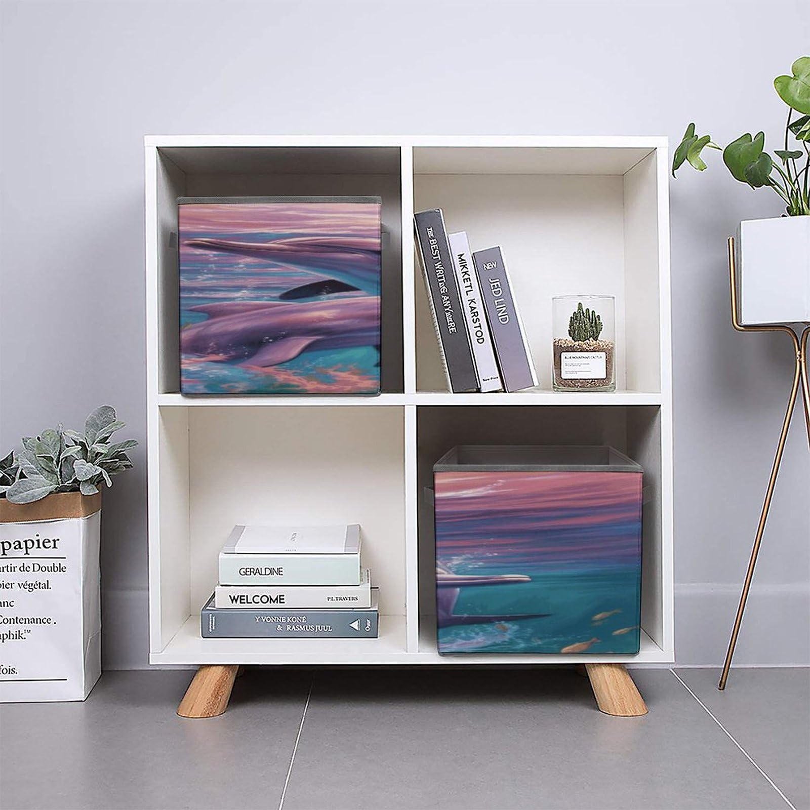 Collapsible Storage Cubes with Handles - 10.6×10.6 Inch Foldable Organizer Bins with Dolphin Art Print for Home, Office & Kids Room Organization - Perfect for Toys, Books & Clutter Control