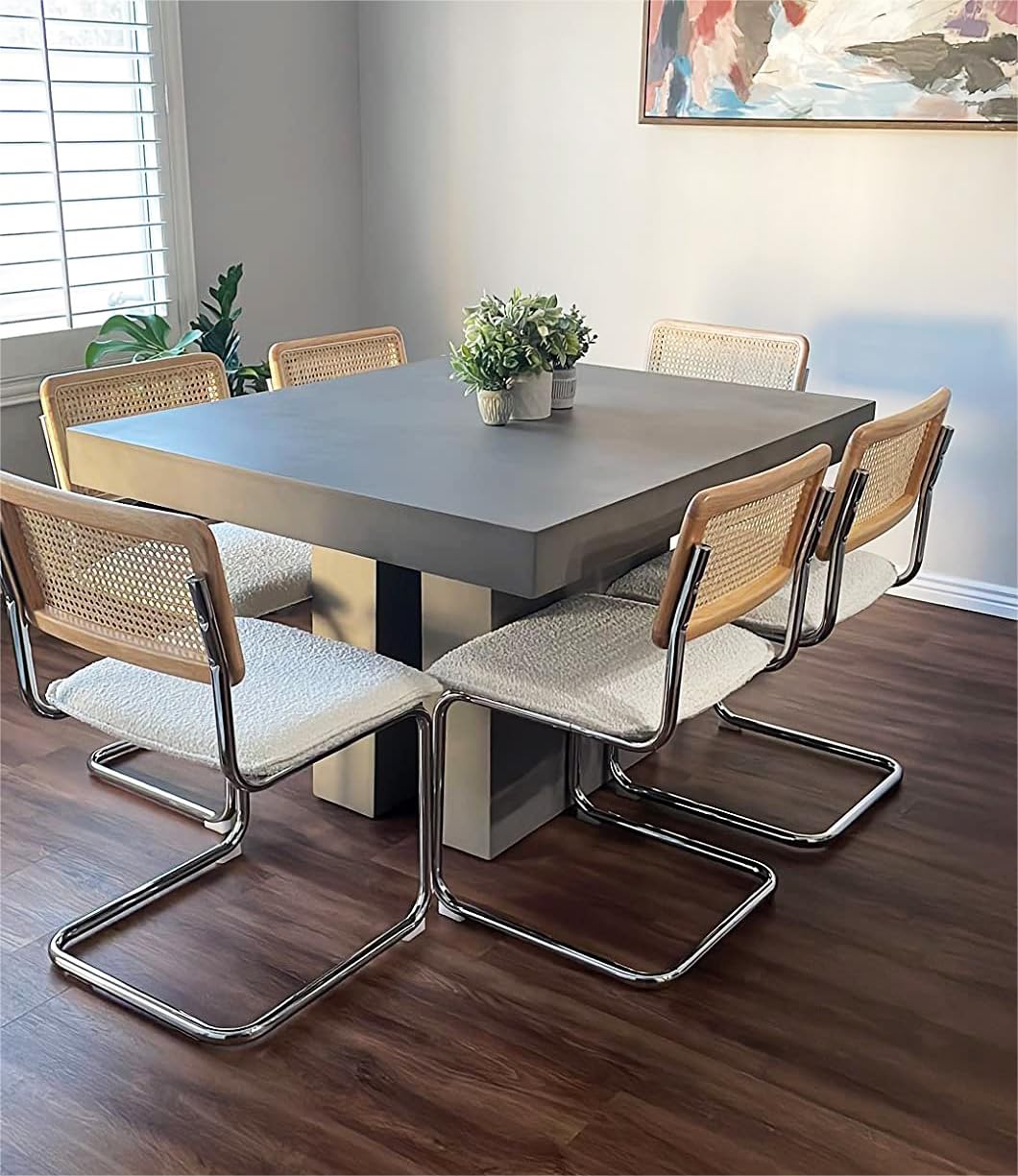 ONEVOG Set of 2 Upholstered Boucle Dining Chairs - Sturdy Rubber Wood Frame with Natural Cane Back & Chrome Base - Comfortable Kitchen Chairs for Dining Room, Club, Waiting Room, Restaurant, Office or Home Decor