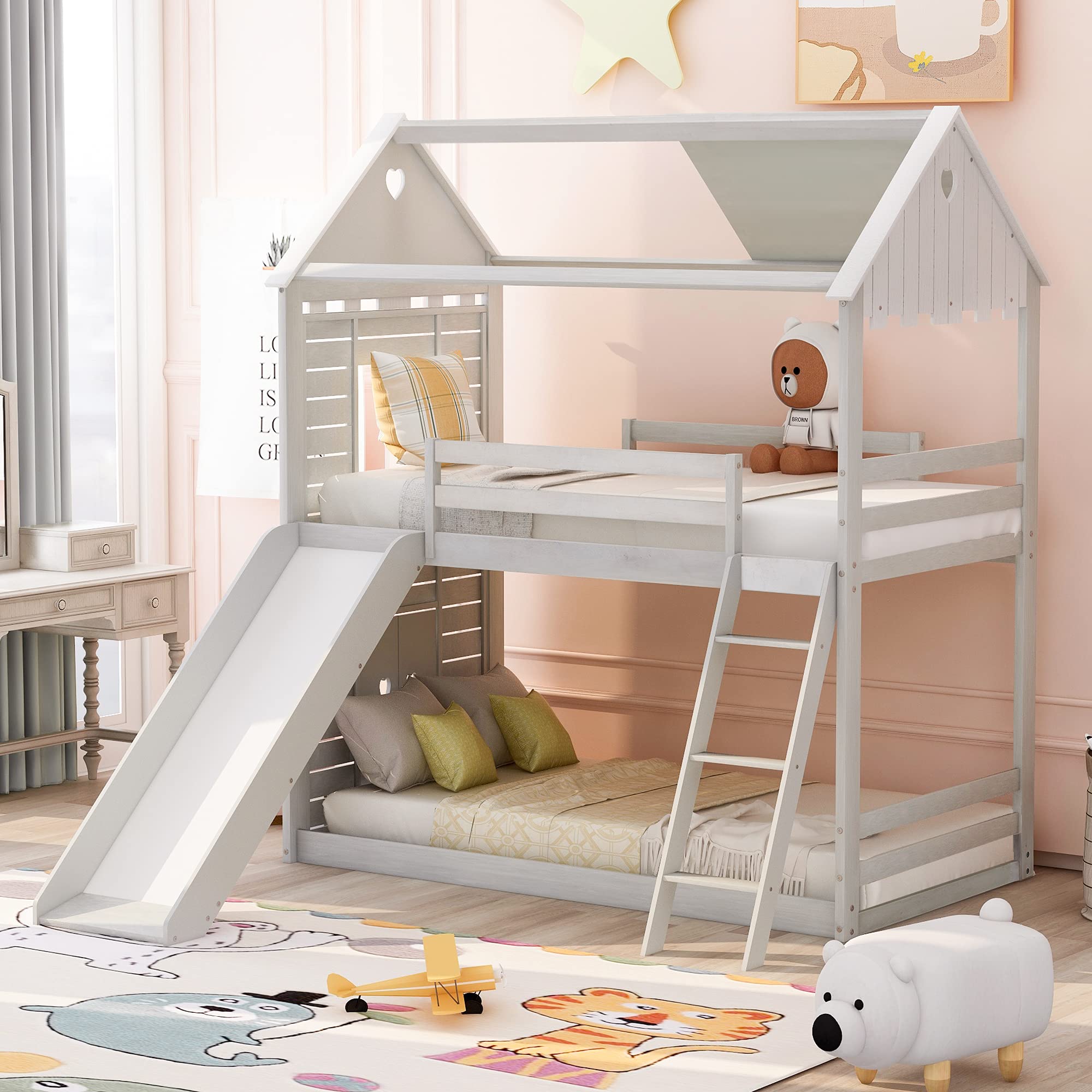 Twin Size Low Loft Wooden House Bed Frame for Kids with Roof, Fence Guardrail, Ladder & Window - No Box Spring Needed - Antique White - Perfect for Small Bedrooms, Playrooms & Kids' Dream House Decor