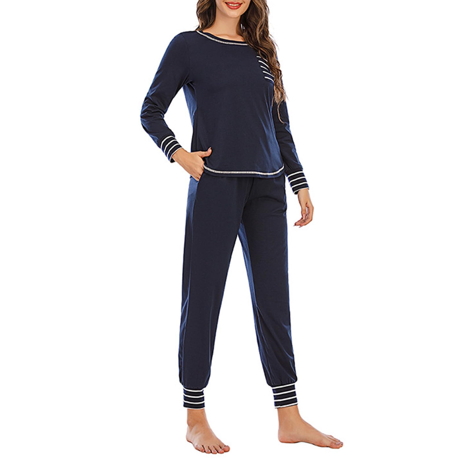 Women's 2-Piece Pajama Set - Soft Round Neck Long Sleeve Top & Comfortable Pants - Striped Printed Loungewear for Sleep & Relaxation at Home