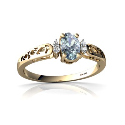 14Kt Gold Aquamarine and Diamond 6x4mm Oval Filigree Scroll Ring - Elegant Vintage Style Jewelry for Women, Perfect for Weddings, Anniversaries & Special Occasions