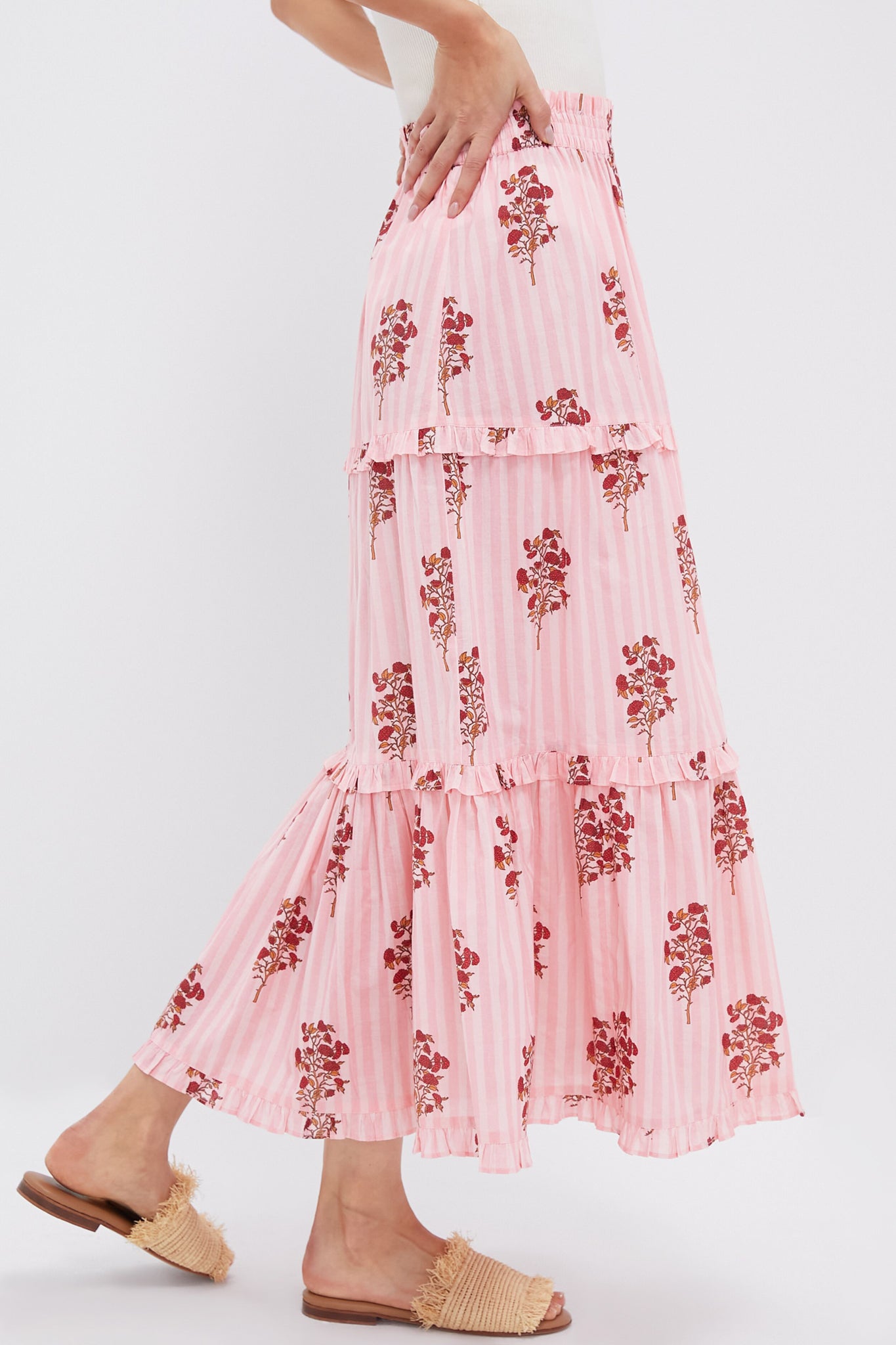 Blush Striped Bouquet Prado Skirt - Women's Floral Print Midi Skirt for Spring Summer | Perfect for Weddings, Dates & Office Wear