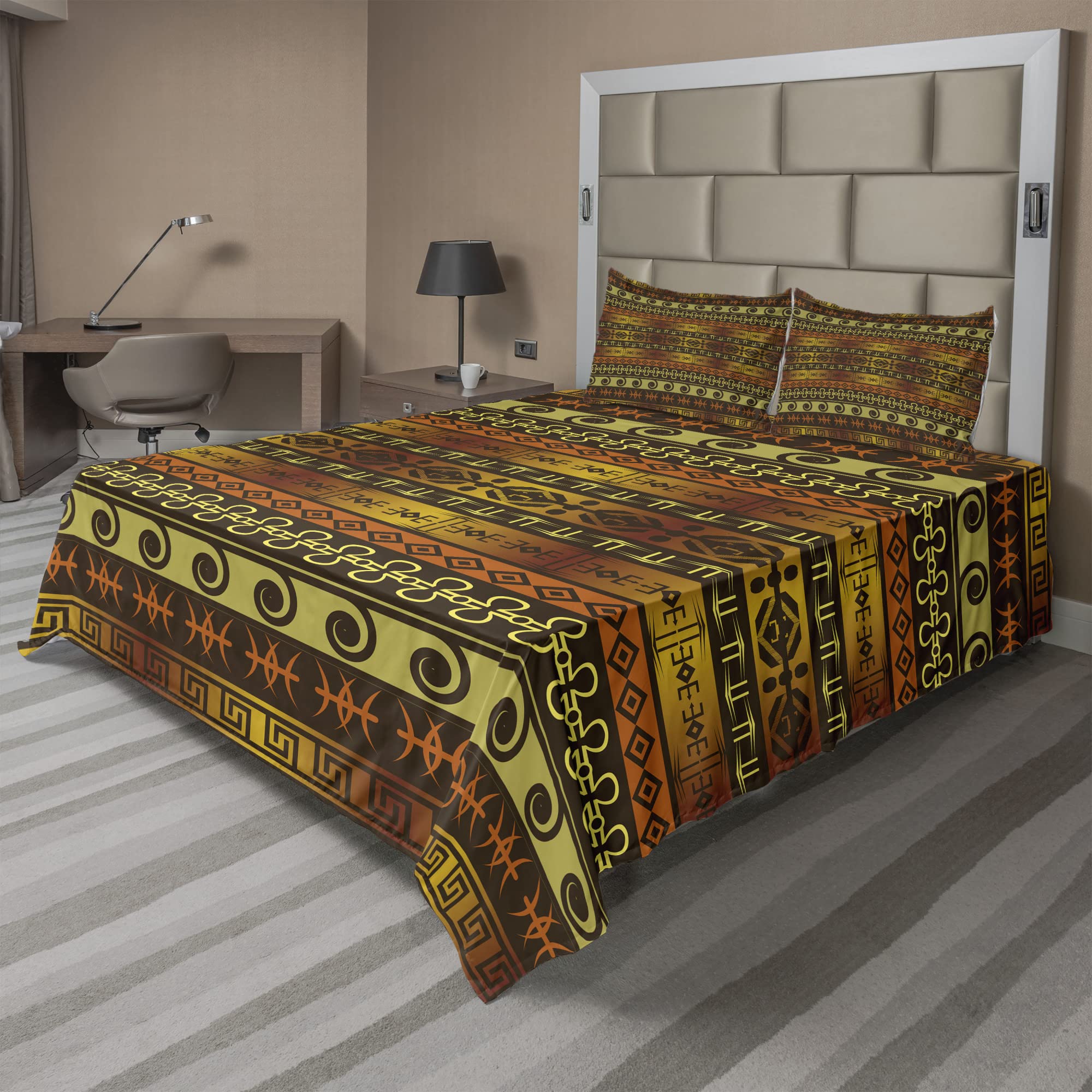 Ambesonne Prehistoric Dinosaur Sheet Set 4-Piece King Size - Indigenous Geometric Tribal Design, Brown Yellow Pale Orange Bedding - Perfect for Kids' Rooms, Themed Bedrooms & Dinosaur Lovers