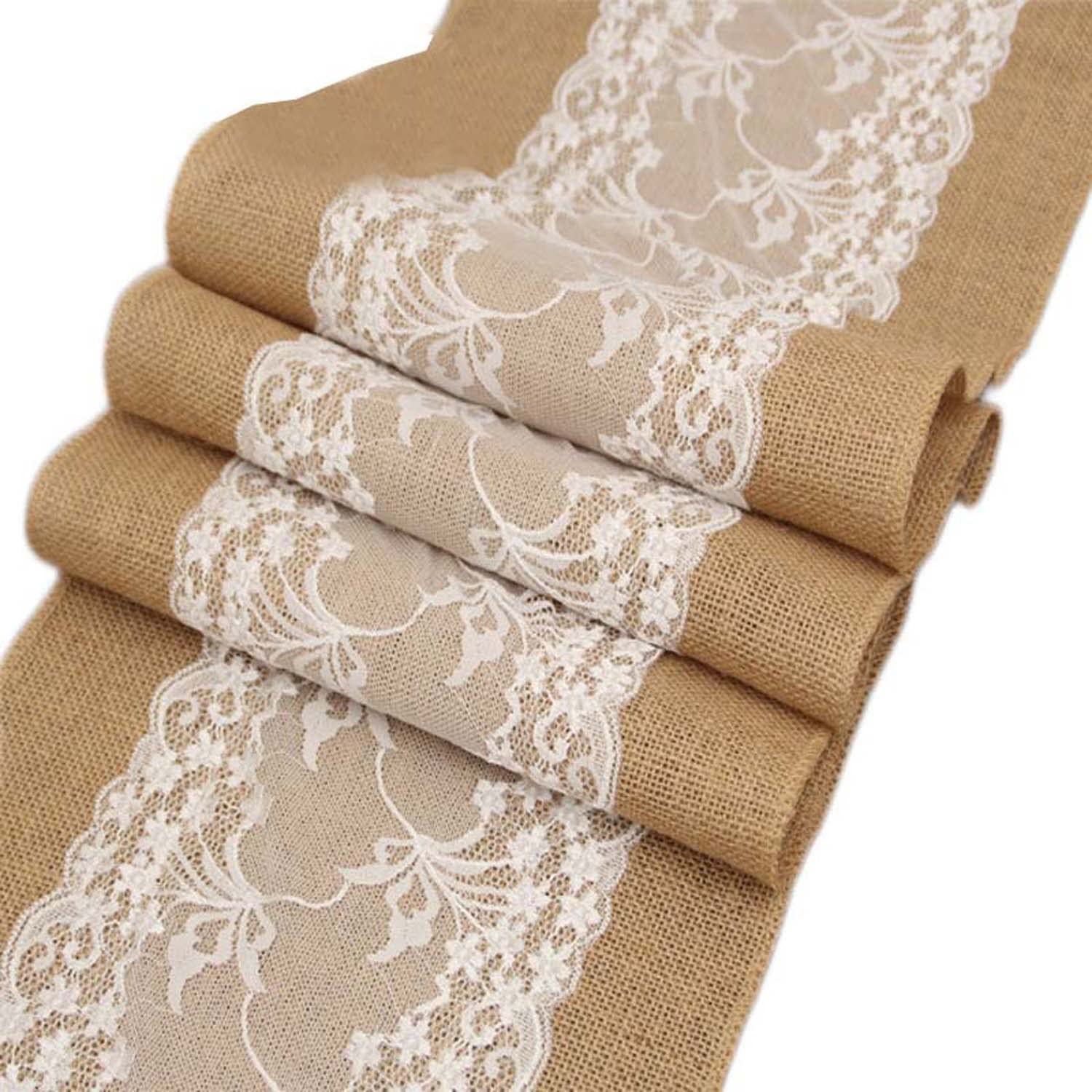Natural Jute Burlap Table Runner Set of 2 - Rustic Vintage Lace Tablecloth for Wedding, Banquet & Bridal Shower Decor - Perfect for Farmhouse Dinner, Country Themed Events & Home Decor