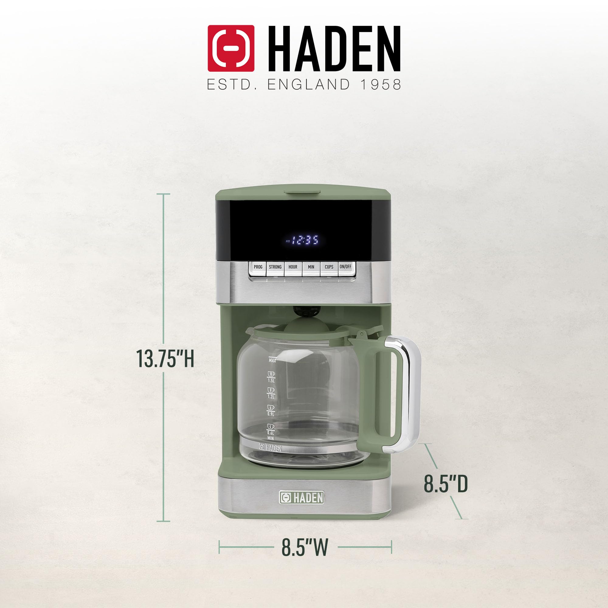 Haden Programmable 12-Cup Drip Coffee Maker with Glass Carafe - Green & Chrome Stainless Steel - Perfect for Home, Office, and Cafe Use