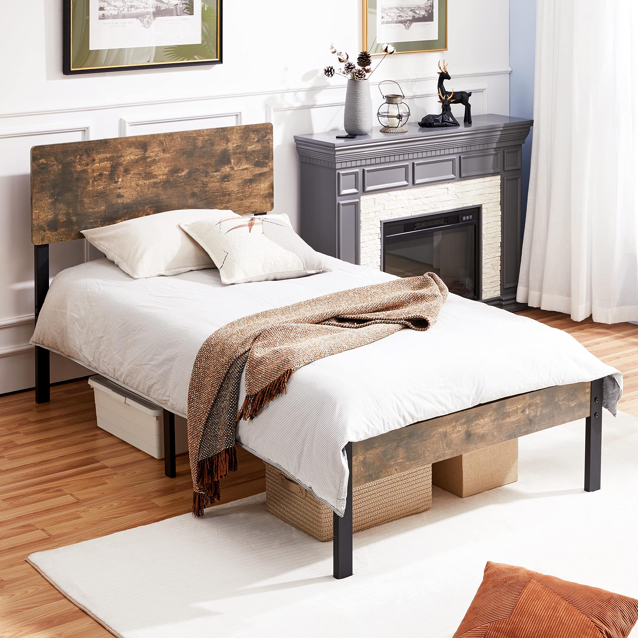 Topeakmart Twin Metal Bed Frame with Wooden Headboard - Sturdy Mattress Foundation, Platform Bed & Slatted Base for Bedroom, Guest Room or Dorm