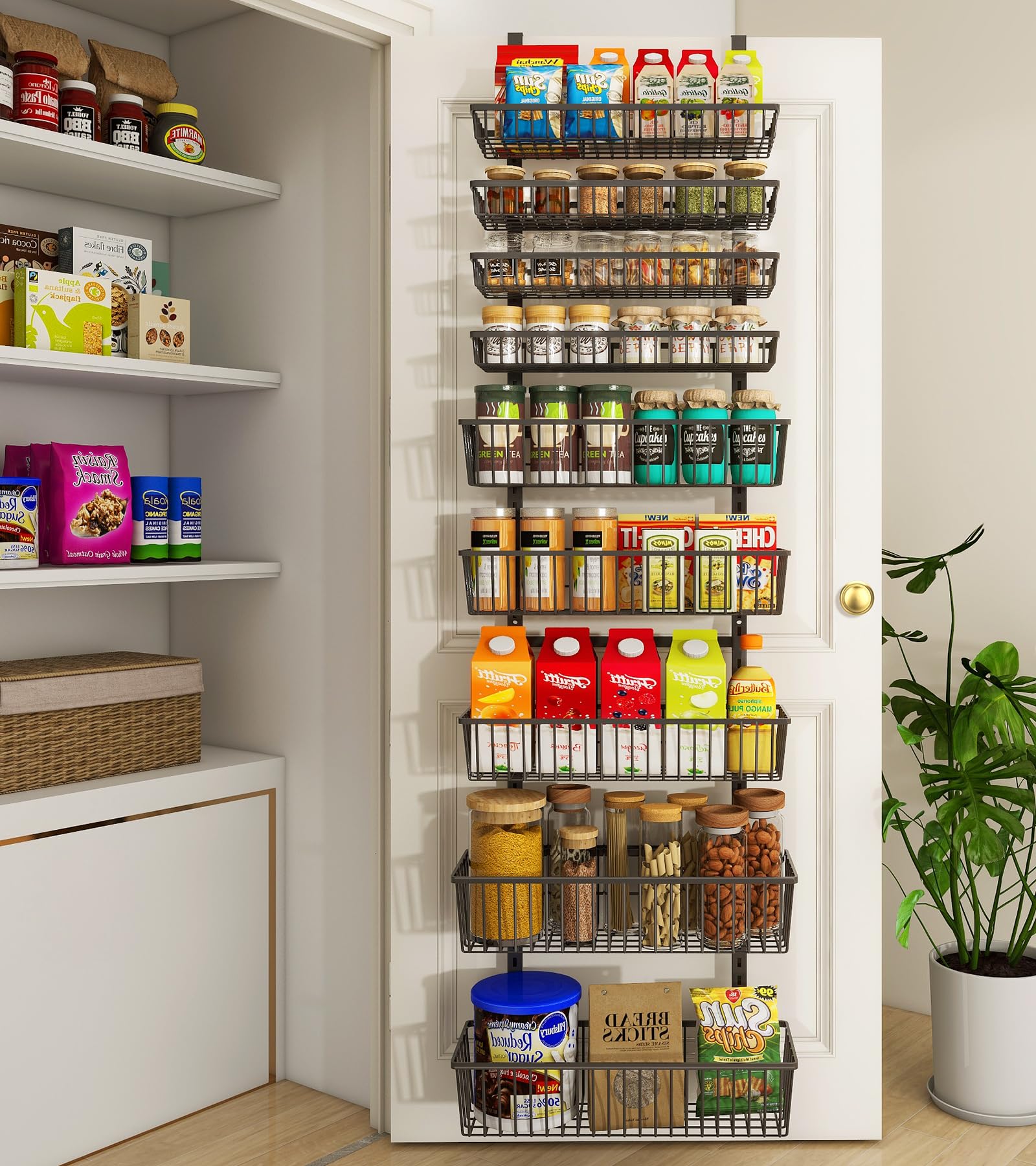 9-Tier Over The Door Pantry Organizer - Black Metal Hanging Spice Rack for Kitchen, Bathroom & Laundry Room Storage | Space-Saving Wall Mount Shelves for Spices, Seasonings & Home Organization | Perfect for Small Spaces & Clutter-Free Living