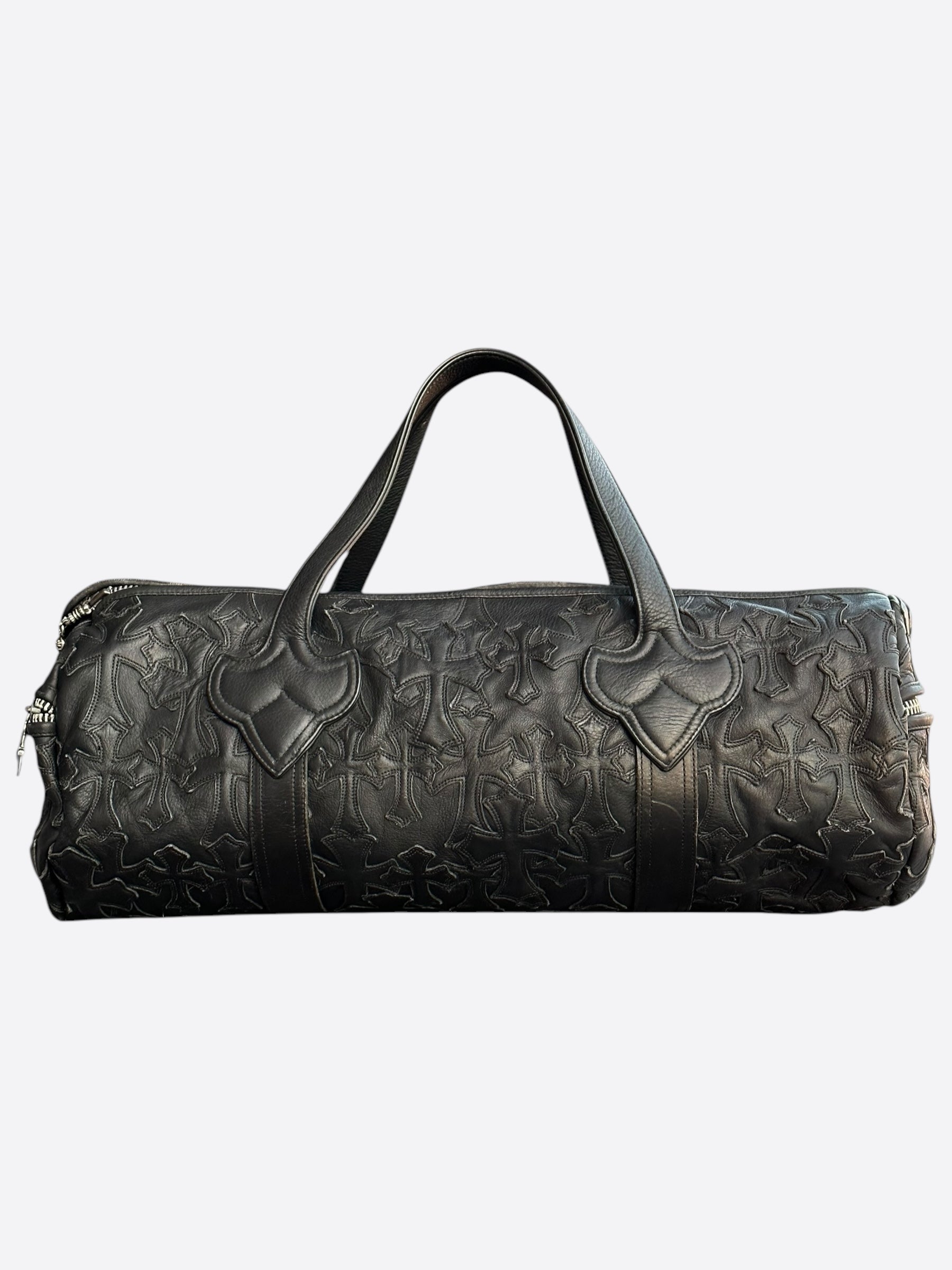 Chrome Hearts Black Leather Cross Patch Duffel Bag for Travel & Gym - Stylish Designer Weekender Bag for Men & Women