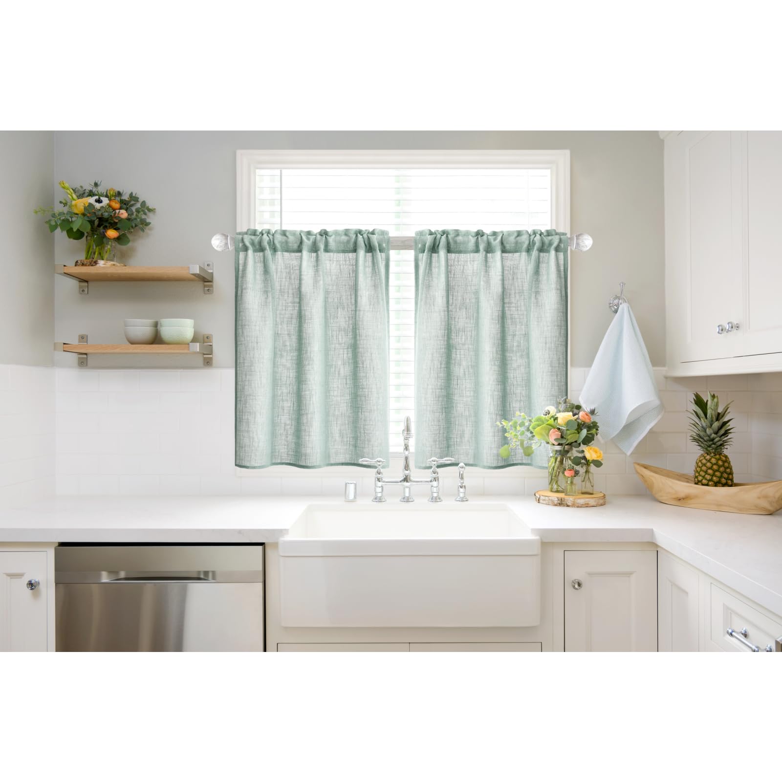 MIULEE 24 Inch Farmhouse Cafe Curtains - Semi-Sheer Linen Short Curtains for Kitchen, Bathroom & Basement Windows (2 Panels, 26x24 Inches, Sea Green) - Perfect Over Sink Window Covering & Small Space Decor