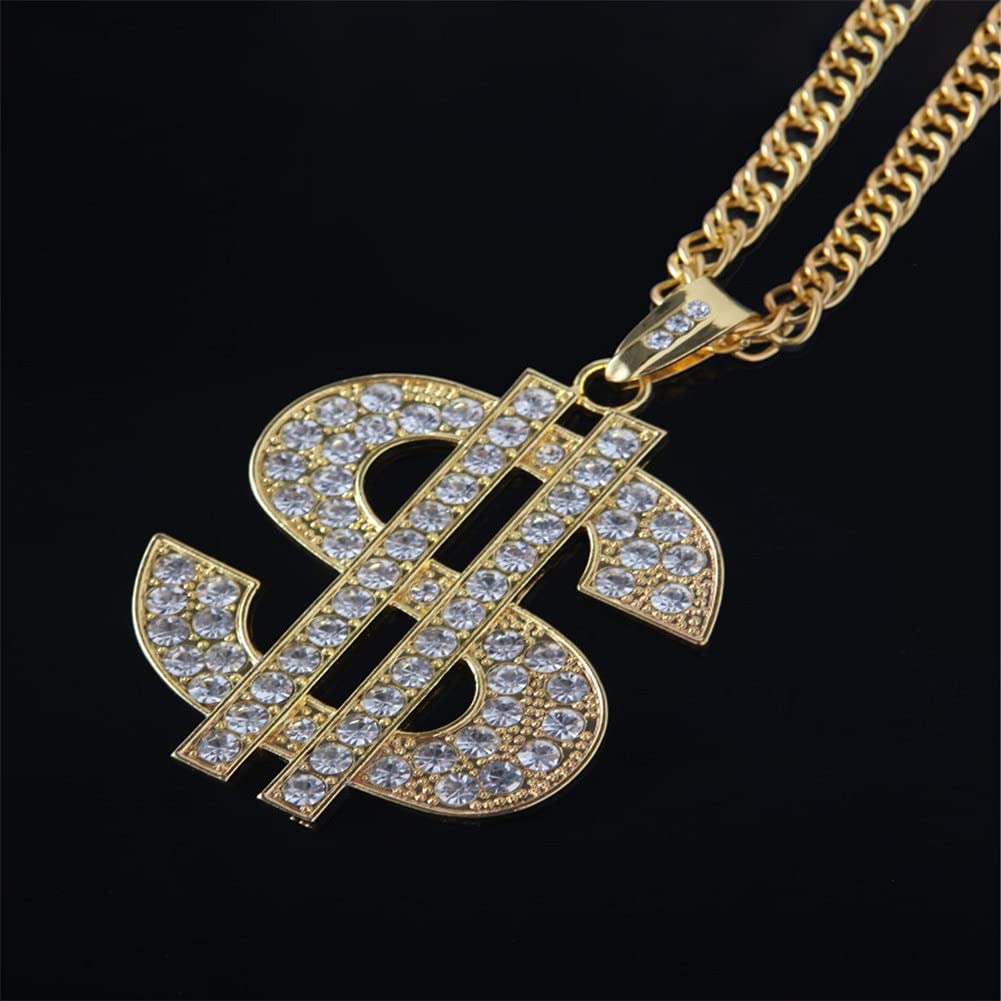 Hip Hop Gold Chain Dollar Money Pendant Necklace for Men & Women - Thick Rhinestone Bling Jewelry - Perfect for Streetwear, Parties & Rap Fashion