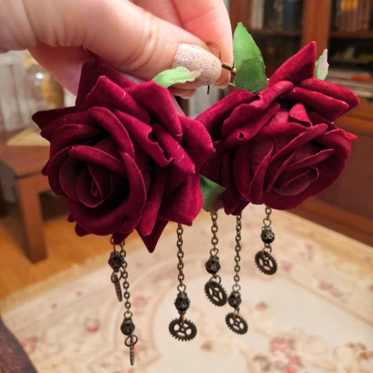 Gothic Punk Dangle Earrings for Women - Rose Flower Hook Earrings | Perfect for Halloween, Cosplay, and Alternative Fashion Outfits