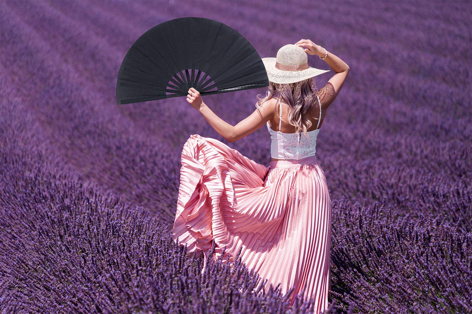 Large Folding Hand Fan for Women & Men - Chinese Japanese Style Bamboo Kung Fu Tai Chi Fan - Perfect for Music Festivals, Raves, Performances & Parties (Black) | Portable Cooling Fan for Outdoor Events, Yoga, Dance & Summer Activities