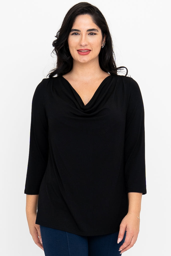 Charisse 3/4 Sleeve Bamboo V-Neck Top for Women - Soft & Breathable Black Shirt - Perfect for Yoga, Office & Casual Wear