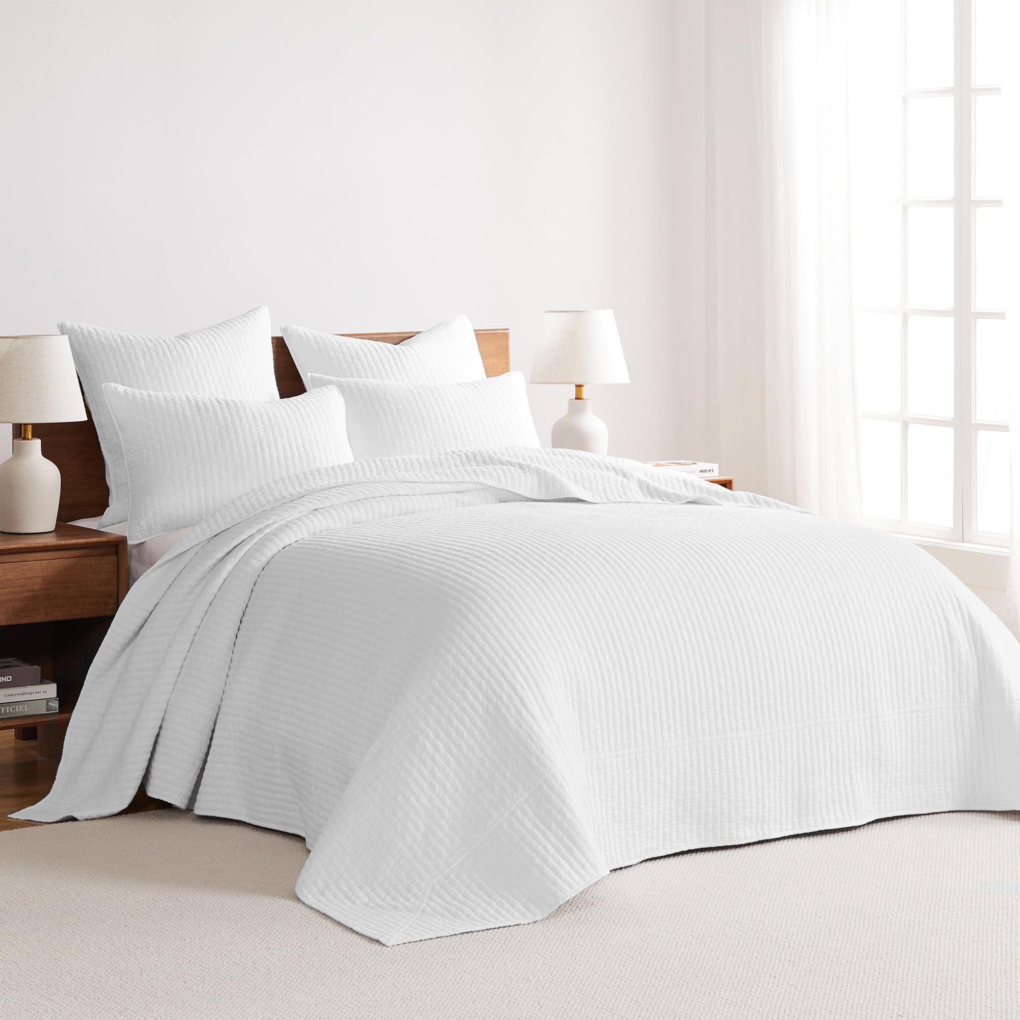 Levtex Home King Size Cross Stitch White Cotton Quilted Bedspread Set with 2 Shams (120x104in Bedspread + 20x36in Shams) - Elegant Bedroom Decor for Master Suite or Guest Room