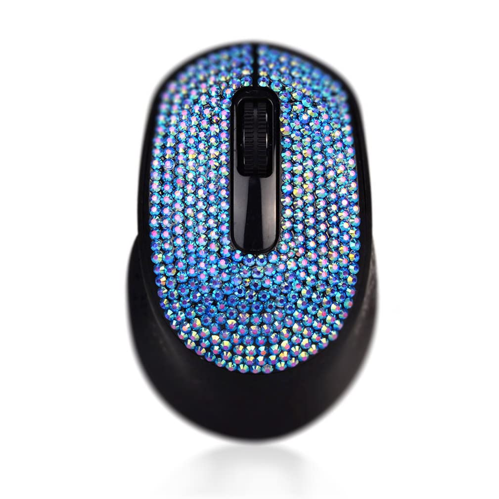 Bling Bluetooth Wireless Mouse with Sparkle Rhinestones - Dual Mode Bluetooth & USB Receiver, 1500 DPI Adjustable for Laptop, PC, Mac, Tablet - Perfect for Office Work, Gaming & Travel (Blue)